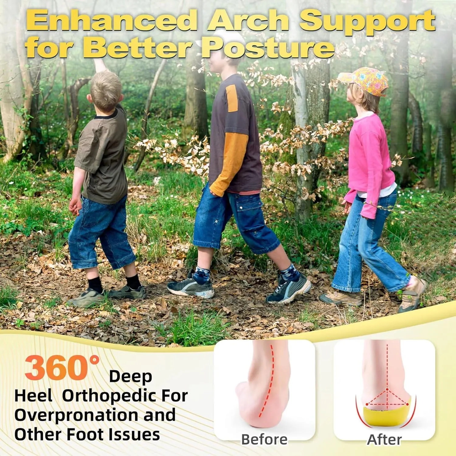 OrthoComfoot Kids Orthopedic Comfort Children’s Insoles : Flat Feet Gel Inserts for Plantar Fasciitis Relief, Athletic Orthotic High Arch Support Insoles, No Trimming,Size 4 Big Kid