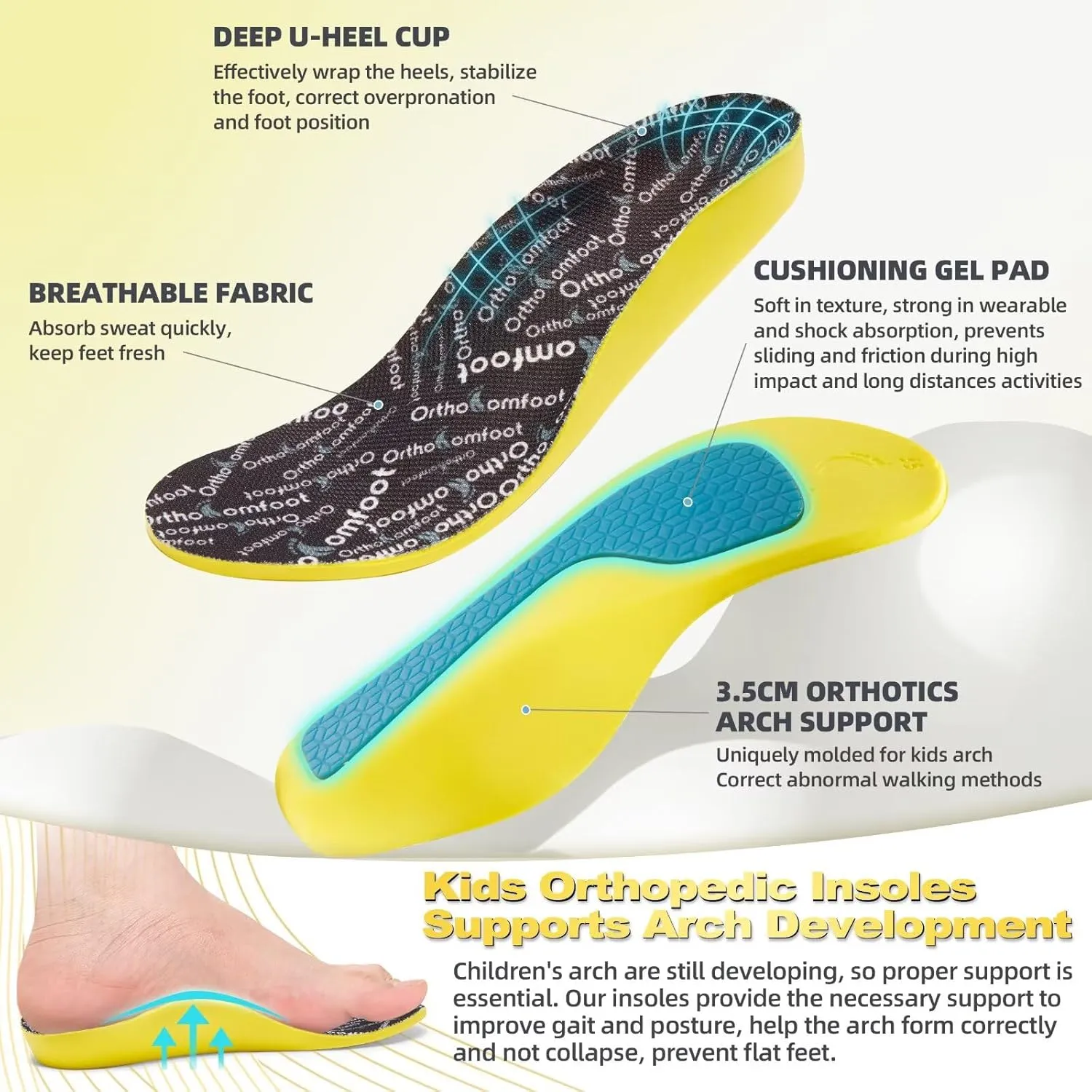 OrthoComfoot Kids Orthopedic Comfort Children’s Insoles : Flat Feet Gel Inserts for Plantar Fasciitis Relief, Athletic Orthotic High Arch Support Insoles, No Trimming,Size 4 Big Kid