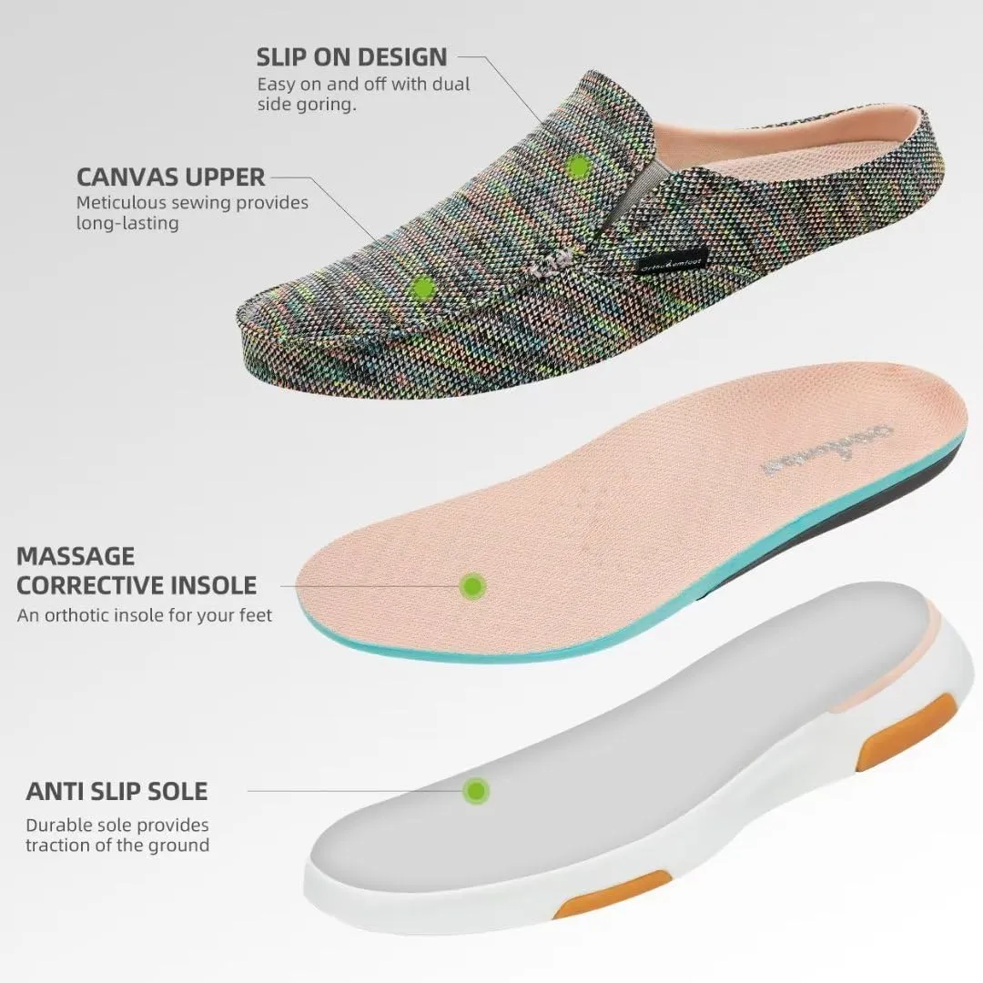 OrthoComfoot Women's Orthopedic Slip-On Loafers Walking Shoes: Comfortable Arch Support Slippers for Plantar Fasciitis, Casual Canvas Orthotic Mule Clogs for Foot Heel Pain Relief