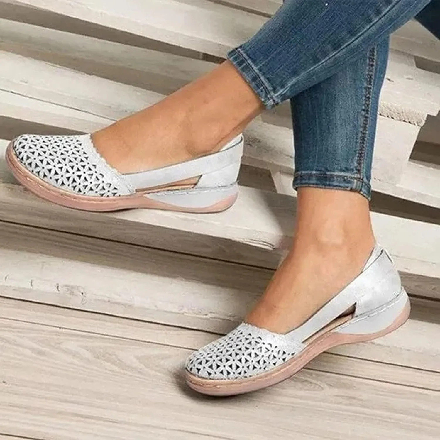 Orthopedic Sandals for Women with Arch Support Breathable Hollow Out Closed Toe Sandal Fashion Slip On Sandals Summer Casual Round Toe Low Heels Shoes Non-Slip Walking Shoes Platform Sandal