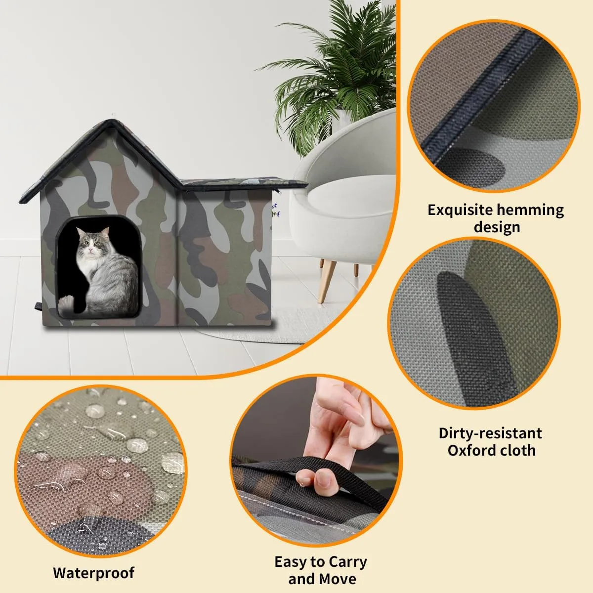 Outdoor Cat House Weatherproof, Large Feral Cat House for Winter, Collapsible Outdoor Cats Shelter with Door and Soft Mat, Easy to Assemble