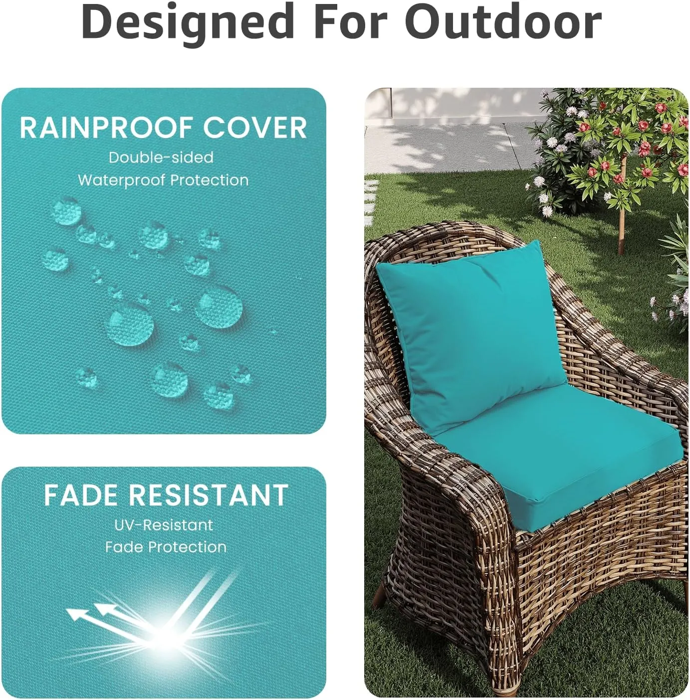 Outdoor Chair Cushions 19 x 19 x 3 Inch, Waterproof & Fade Resistant Patio Seat Cushion for Furniture with Handle and Ties, Thick Seating Pads for Outside Sofa Couch Set of 2, Teal