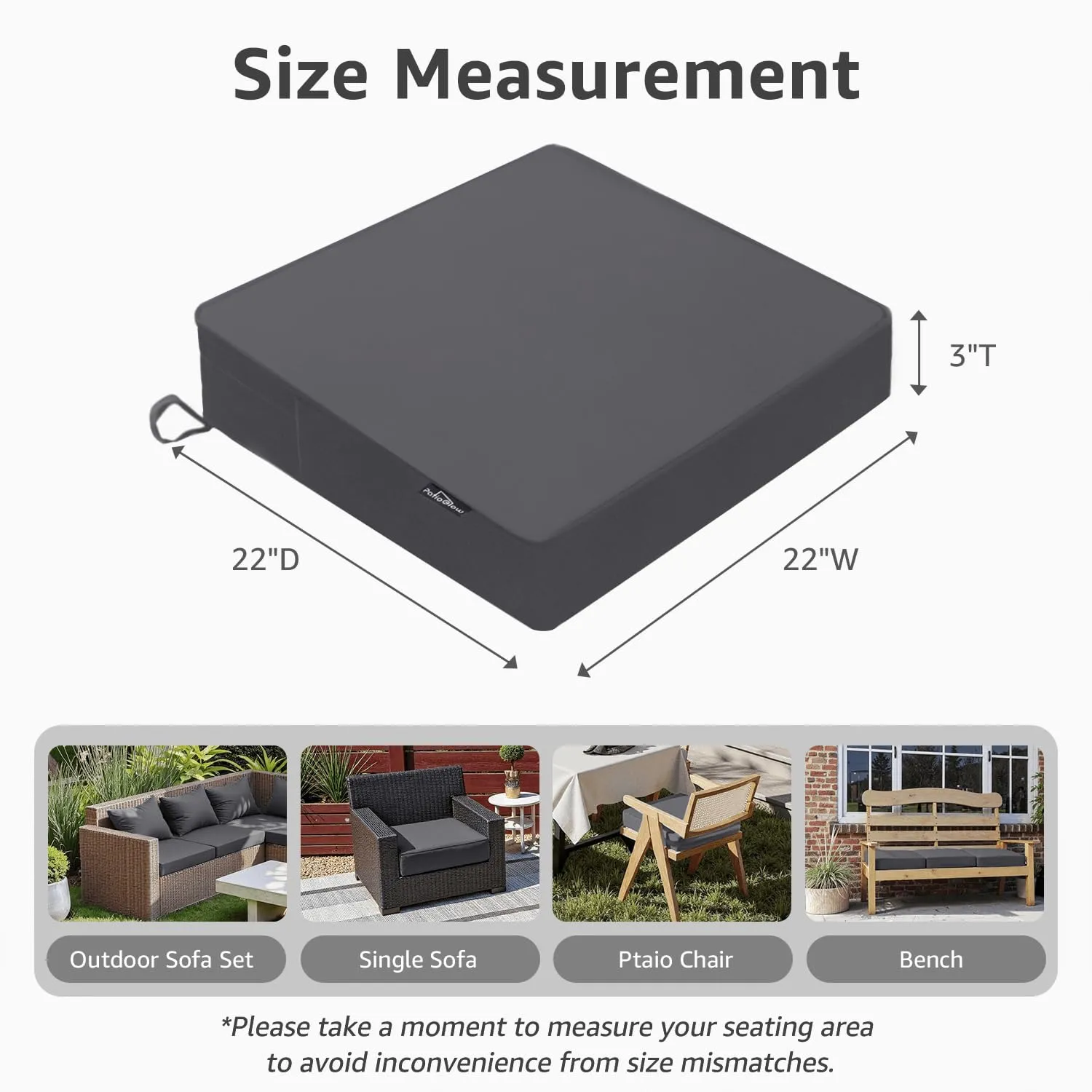 Outdoor Chair Cushions 22 x 22 x 3 Inch, Waterproof & Fade Resistant Patio Seat Cushion for Furniture with Handle and Ties, Thick Seating Pads for Outside Sofa Couch Set of 2, Grey
