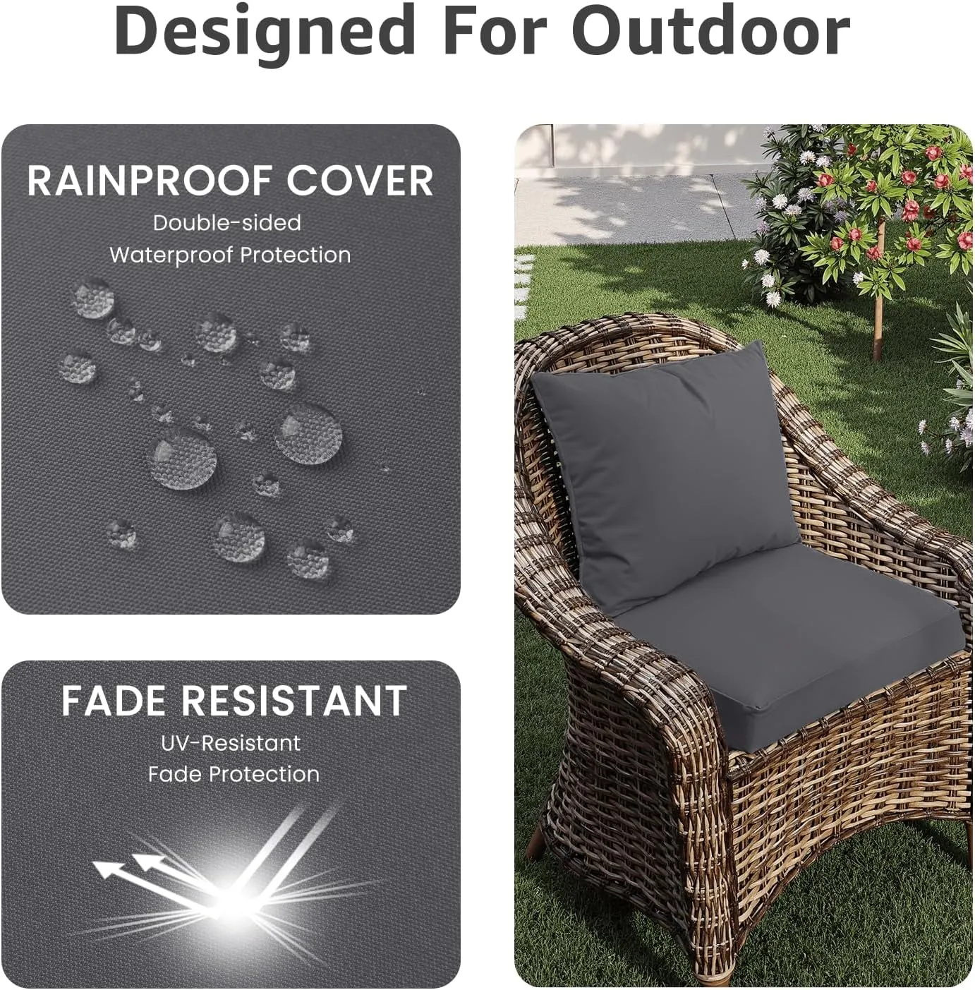 Outdoor Seat Cushion Set 22 x 22 x 4 Inch, Waterproof & Fade Resistant Patio Furniture Cushions with Removable Cover and Ties, Thick Deep Seating Pads for Outside Chair Sofa Couch, Grey