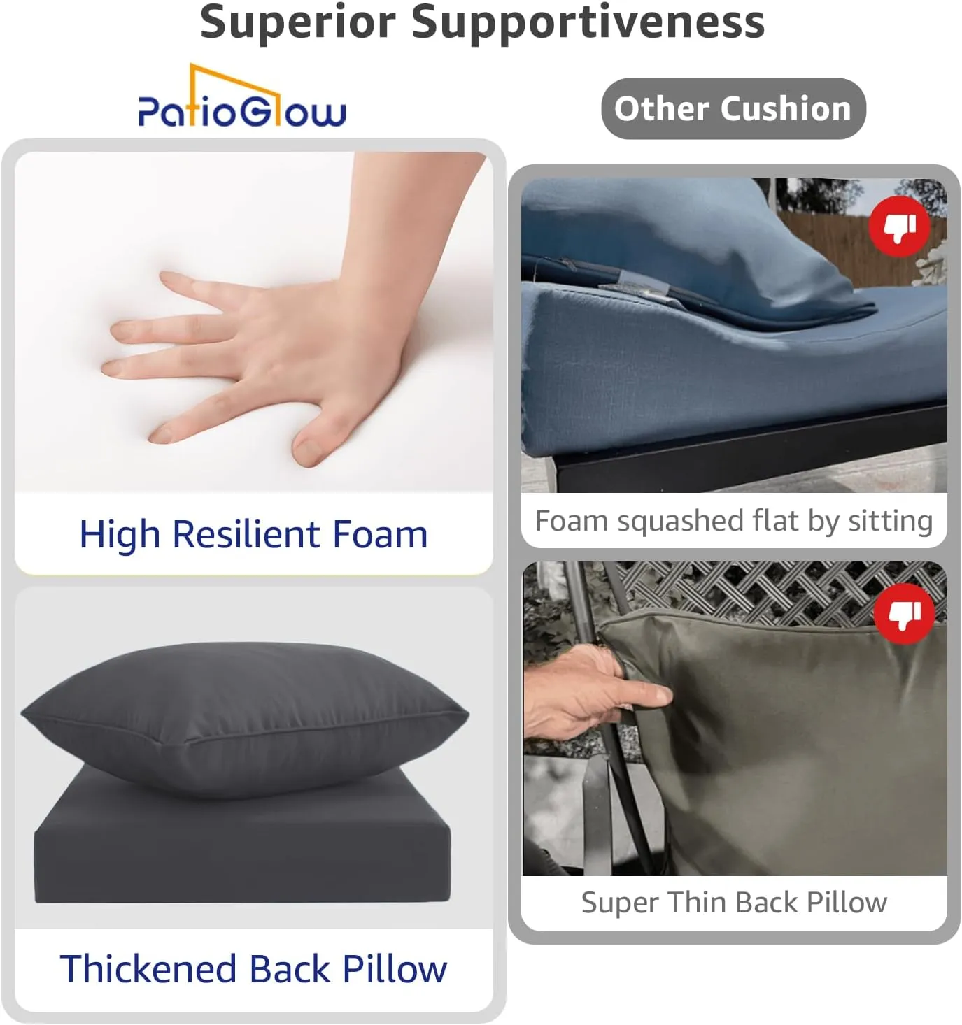 Outdoor Seat Cushion Set 22 x 22 x 4 Inch, Waterproof & Fade Resistant Patio Furniture Cushions with Removable Cover and Ties, Thick Deep Seating Pads for Outside Chair Sofa Couch, Grey