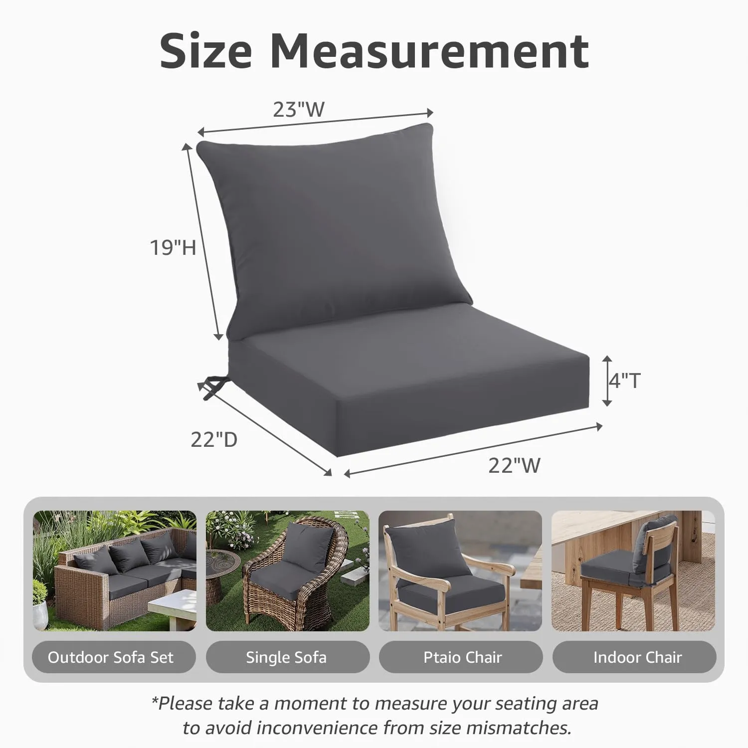 Outdoor Seat Cushion Set 22 x 22 x 4 Inch, Waterproof & Fade Resistant Patio Furniture Cushions with Removable Cover and Ties, Thick Deep Seating Pads for Outside Chair Sofa Couch, Grey