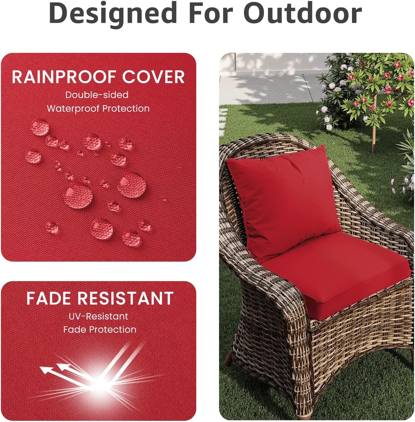 Outdoor Seat Cushion Set 22 x 22 x 4 Inch, Waterproof & Fade Resistant Patio Furniture Cushions with Removable Cover and Ties, Thick Deep Seating Pads for Outside Chair Sofa Couch, Red