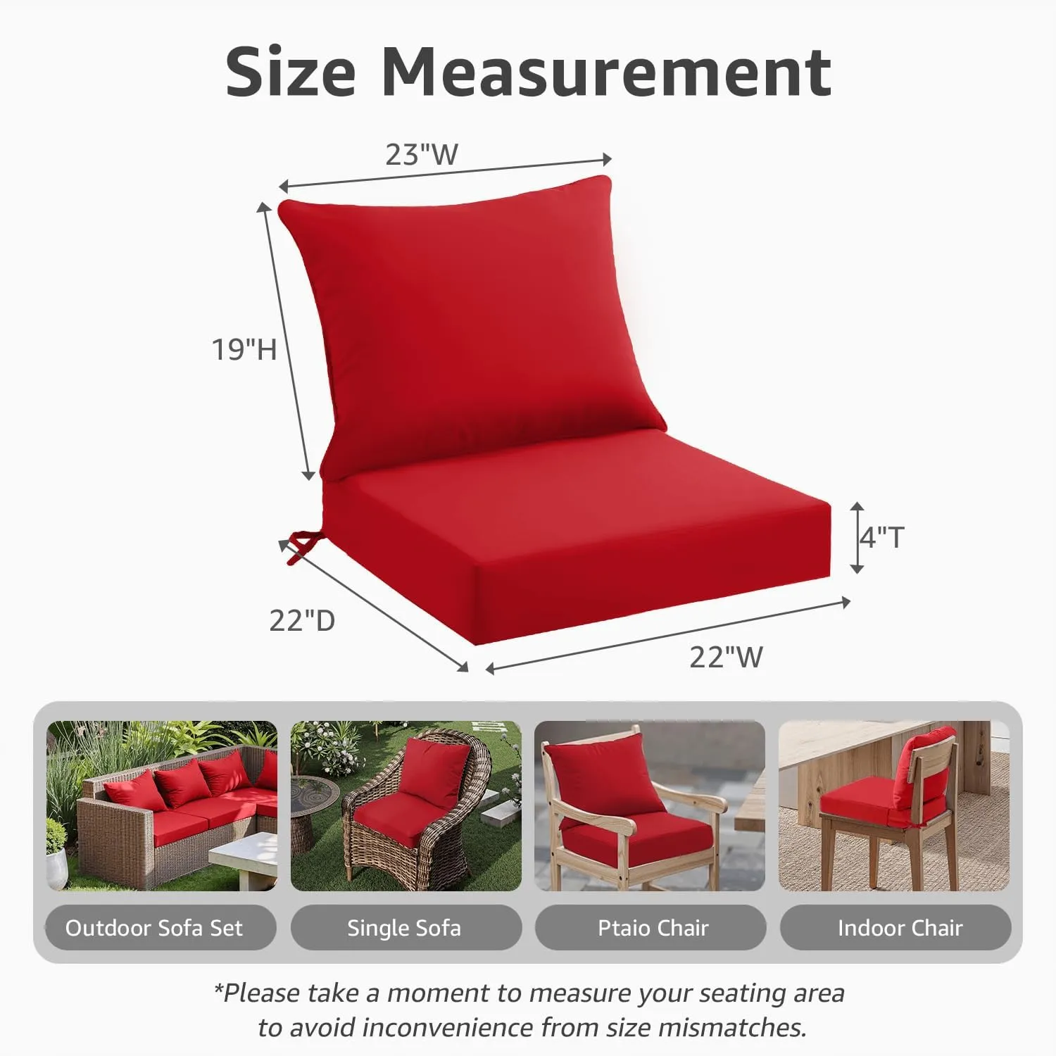 Outdoor Seat Cushion Set 22 x 22 x 4 Inch, Waterproof & Fade Resistant Patio Furniture Cushions with Removable Cover and Ties, Thick Deep Seating Pads for Outside Chair Sofa Couch, Red