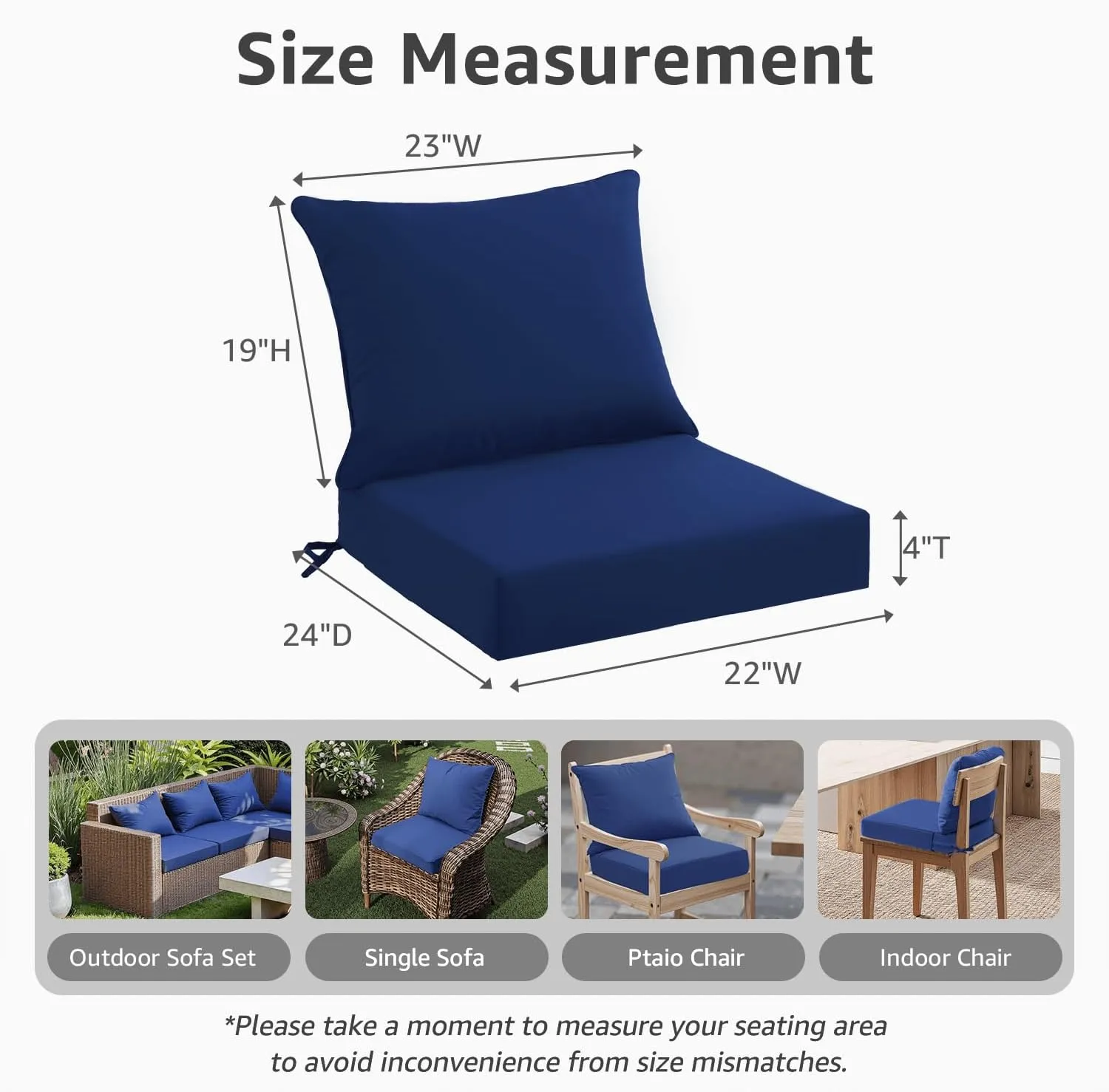 Outdoor Seat Cushion Set 22 x 24 x 4 Inch, Waterproof & Fade Resistant Patio Furniture Cushions with Removable Cover and Ties, Thick Deep Seating Pads for Outside Chair Sofa Couch, Blue