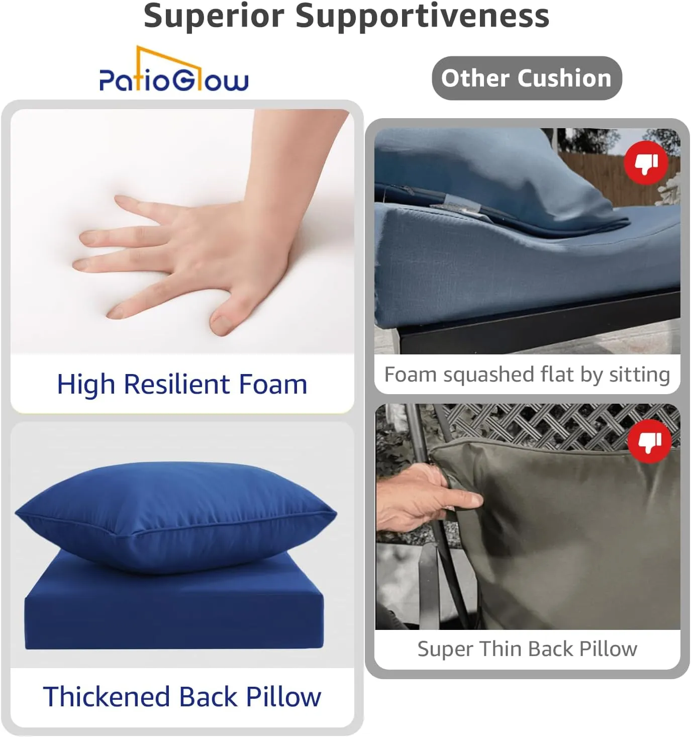 Outdoor Seat Cushion Set 22 x 24 x 4 Inch, Waterproof & Fade Resistant Patio Furniture Cushions with Removable Cover and Ties, Thick Deep Seating Pads for Outside Chair Sofa Couch, Blue