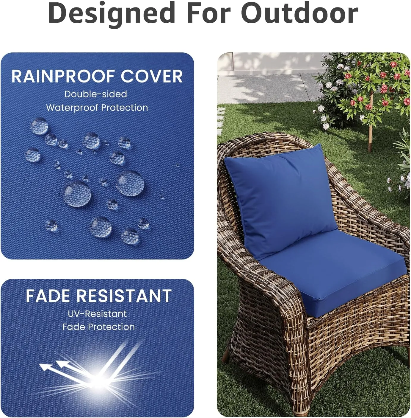 Outdoor Seat Cushion Set 22 x 24 x 4 Inch, Waterproof & Fade Resistant Patio Furniture Cushions with Removable Cover and Ties, Thick Deep Seating Pads for Outside Chair Sofa Couch, Blue