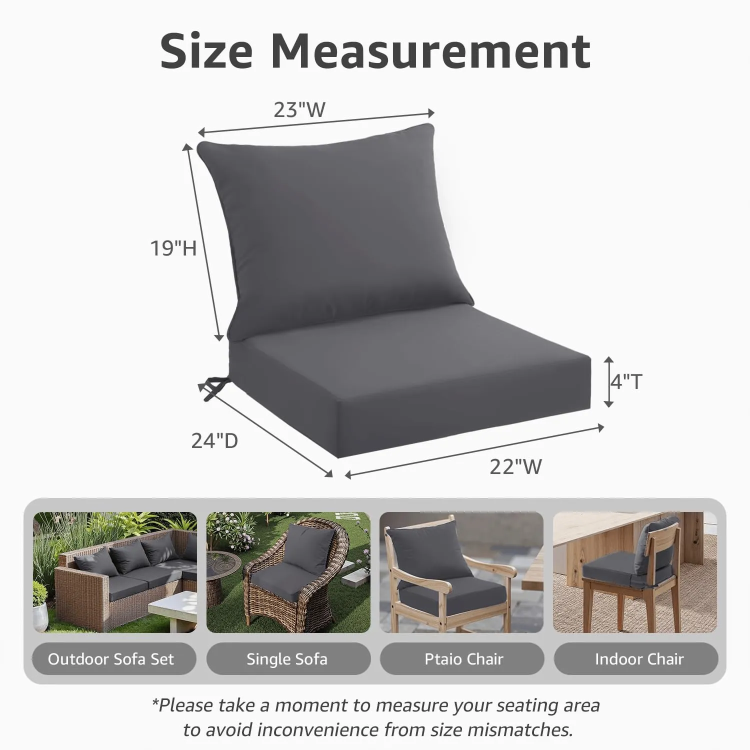 Outdoor Seat Cushion Set 22 x 24 x 4 Inch, Waterproof & Fade Resistant Patio Furniture Cushions with Removable Cover and Ties, Thick Deep Seating Pads for Outside Chair Sofa Couch, Grey