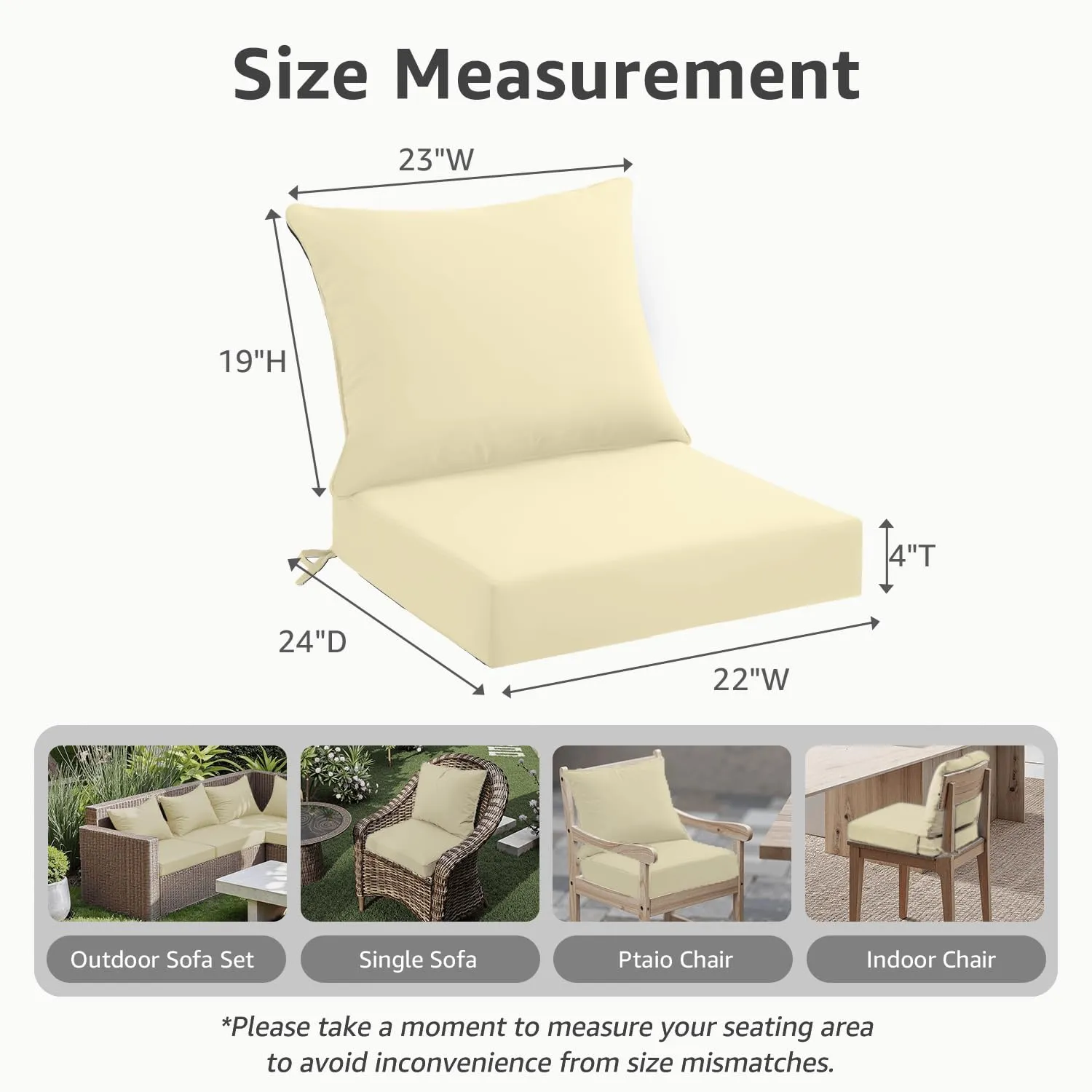 Outdoor Seat Cushion Set 22 x 24 x 4 Inch, Waterproof & Fade Resistant Patio Furniture Cushions with Removable Cover and Ties, Thick Deep Seating Pads for Outside Chair Sofa Couch, Yellow