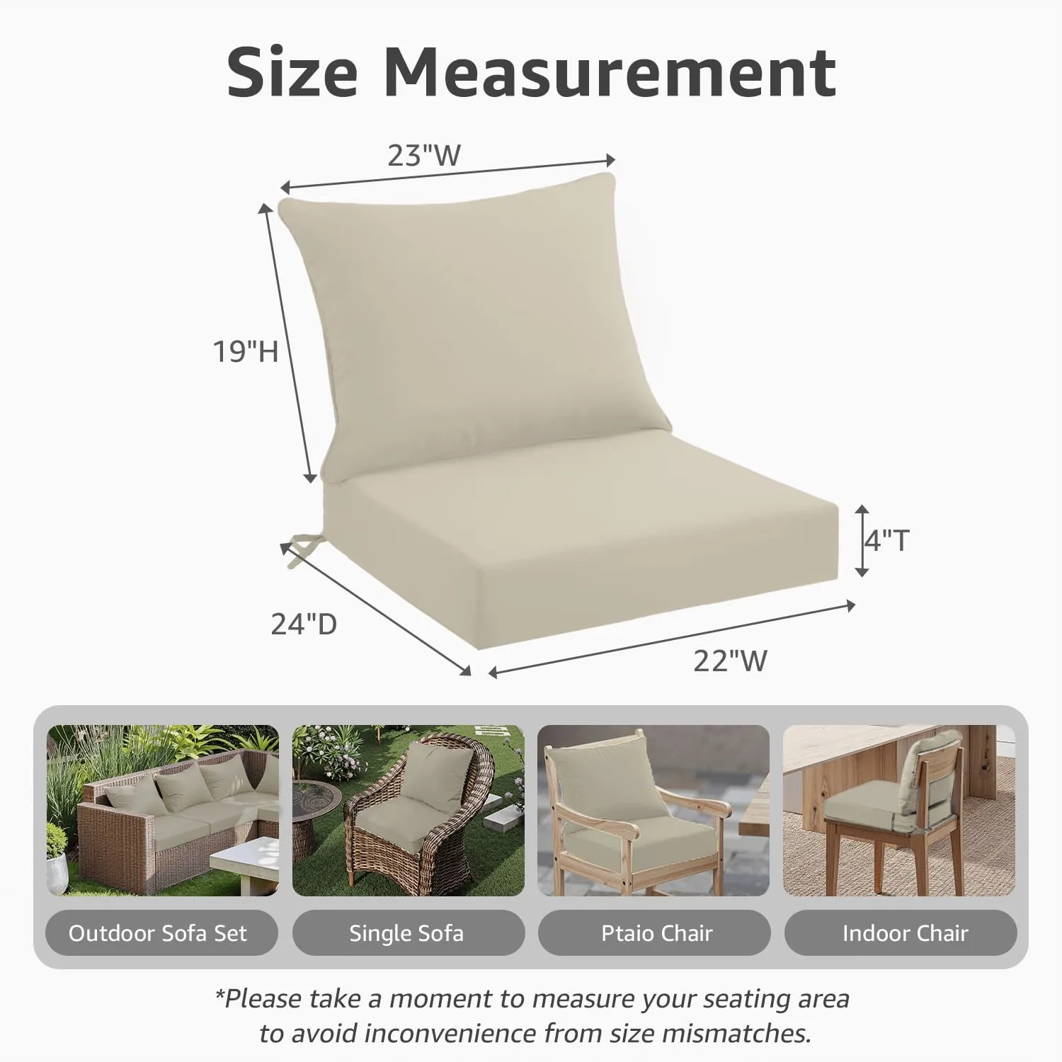 Outdoor Seat Cushion Set 22 x 24 x 4 Inch, Waterproof & Fade Resistant Patio Furniture Cushions with Removable Cover, Thick Deep Seating Pads for Outside Chair Sofa Couch