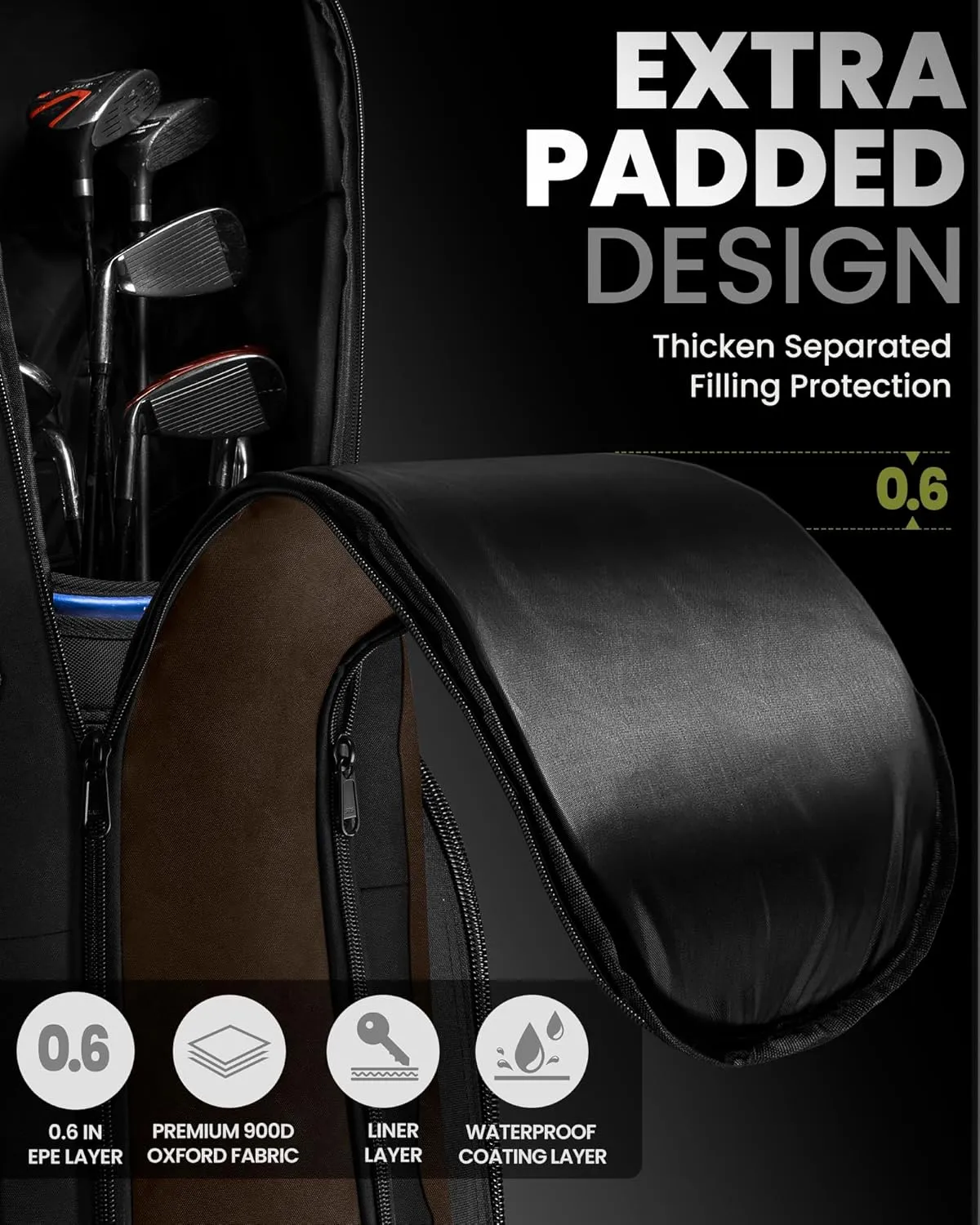 OutdoorMaster Padded Golf Travel Bag with Reinforced Wheels, 900D Heavy Duty Oxford Wear-Resistant and Waterproof Golf Travel Case, Soft-Sided Golf Club Bag, Shoes and Accessories Compartment