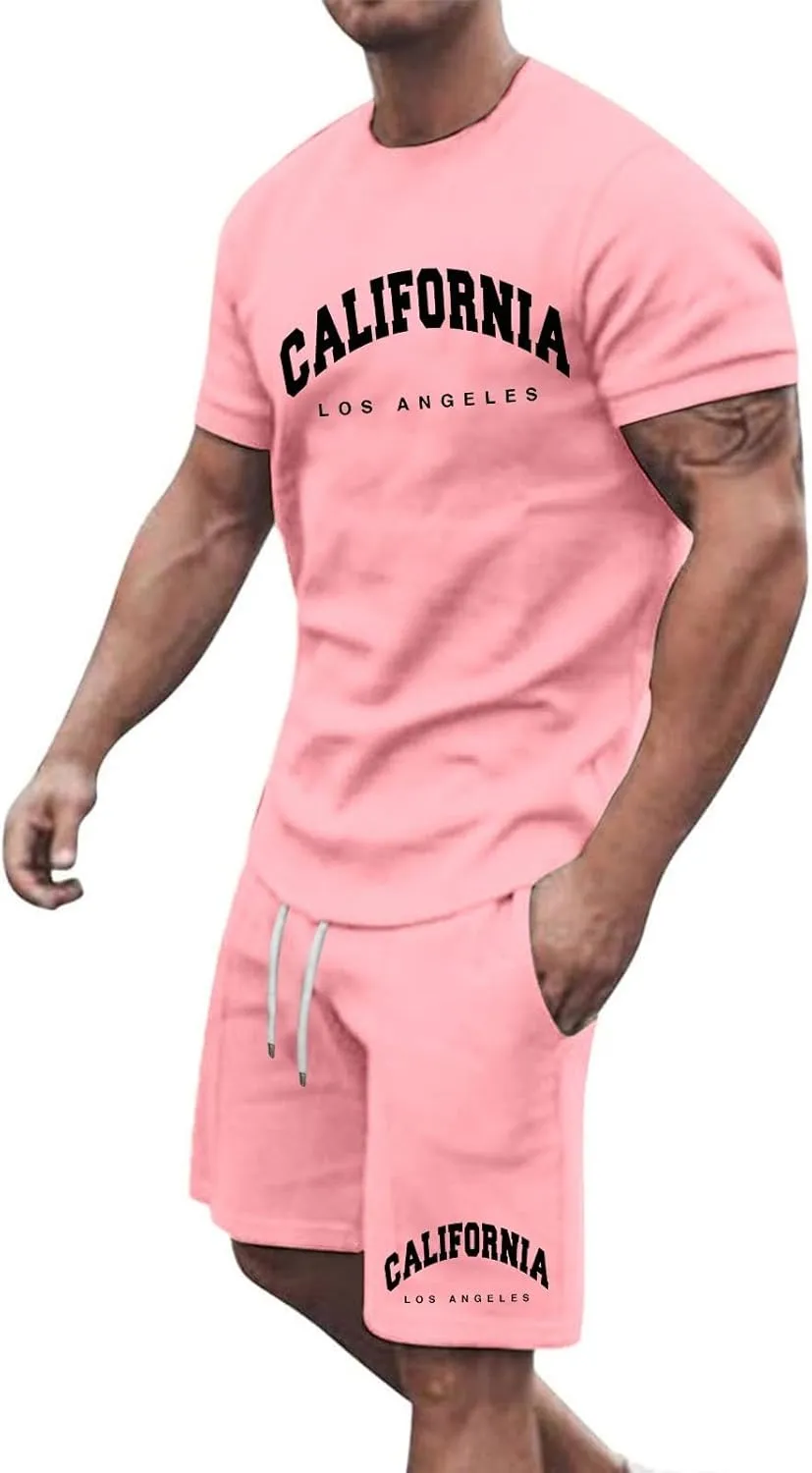 Outfits Set for Men Short Sleeve Crew Neck Shirts and Shorts Set Men’s Short Set Outfit 2 Piece Summer Tracksuits