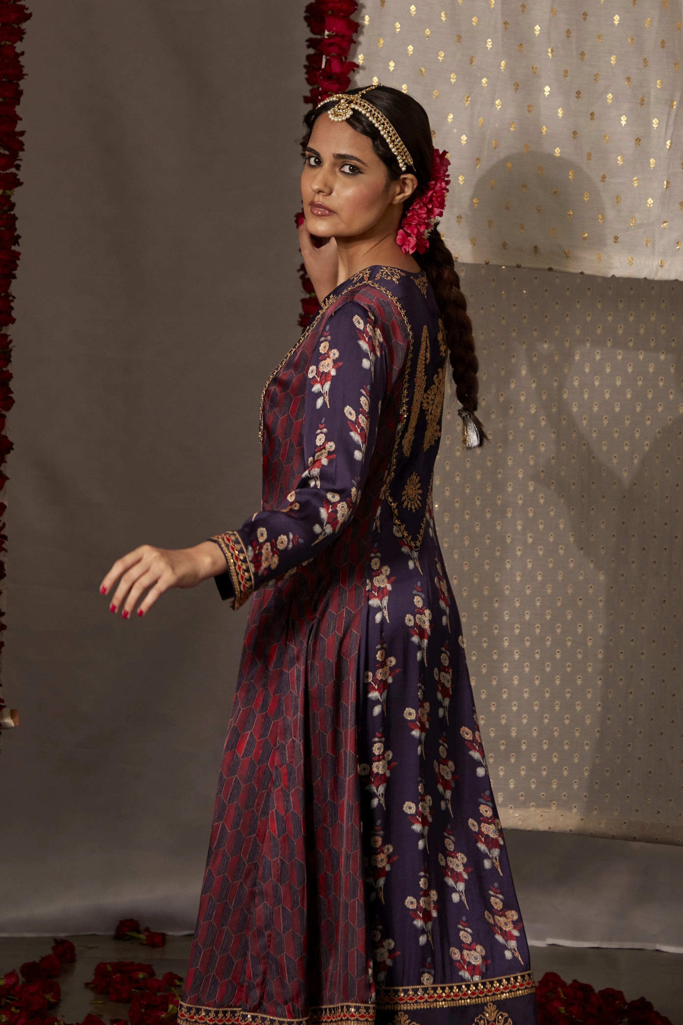 Oxford Blue Soft silk  Long Anarkali  set