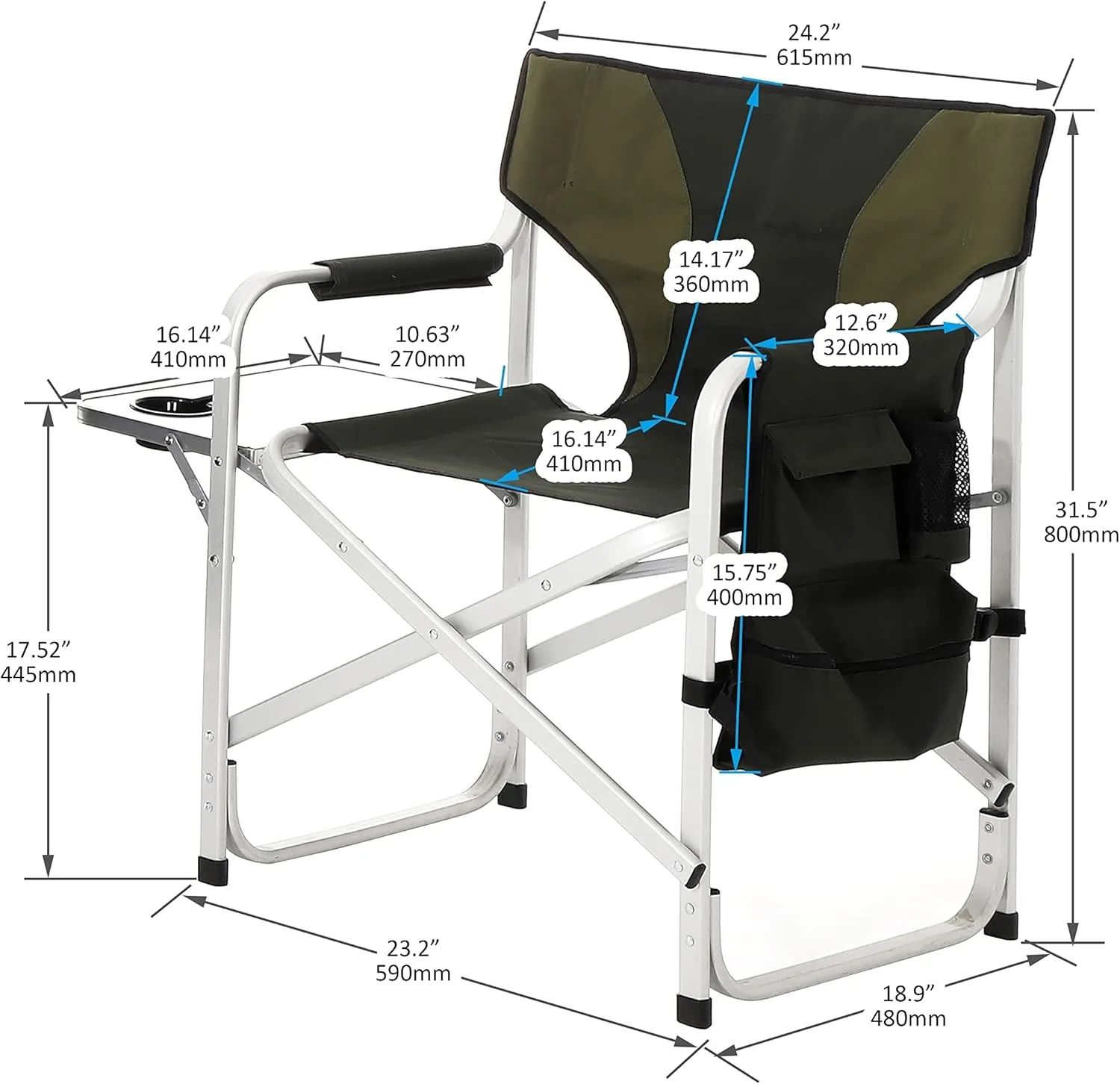 Padded Folding Outdoor Chair with Side Table and Storage Pockets,Lightweight Oversized Directors Chair for Indoor, Outdoor Camping, Picnics and Fishing (1, Green 1)