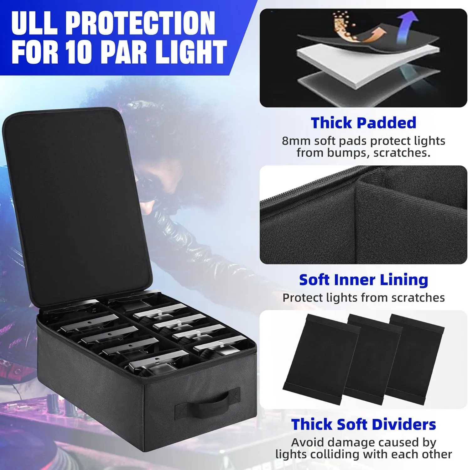Par Light Bag Soft Padded for 10 Par Lights, Stage Lighting Case with Removable Dividers & Backpack-strap & Handle, Lights Bag with Large Pocket for Par Light, Spotlight, Led Light, DJ Light