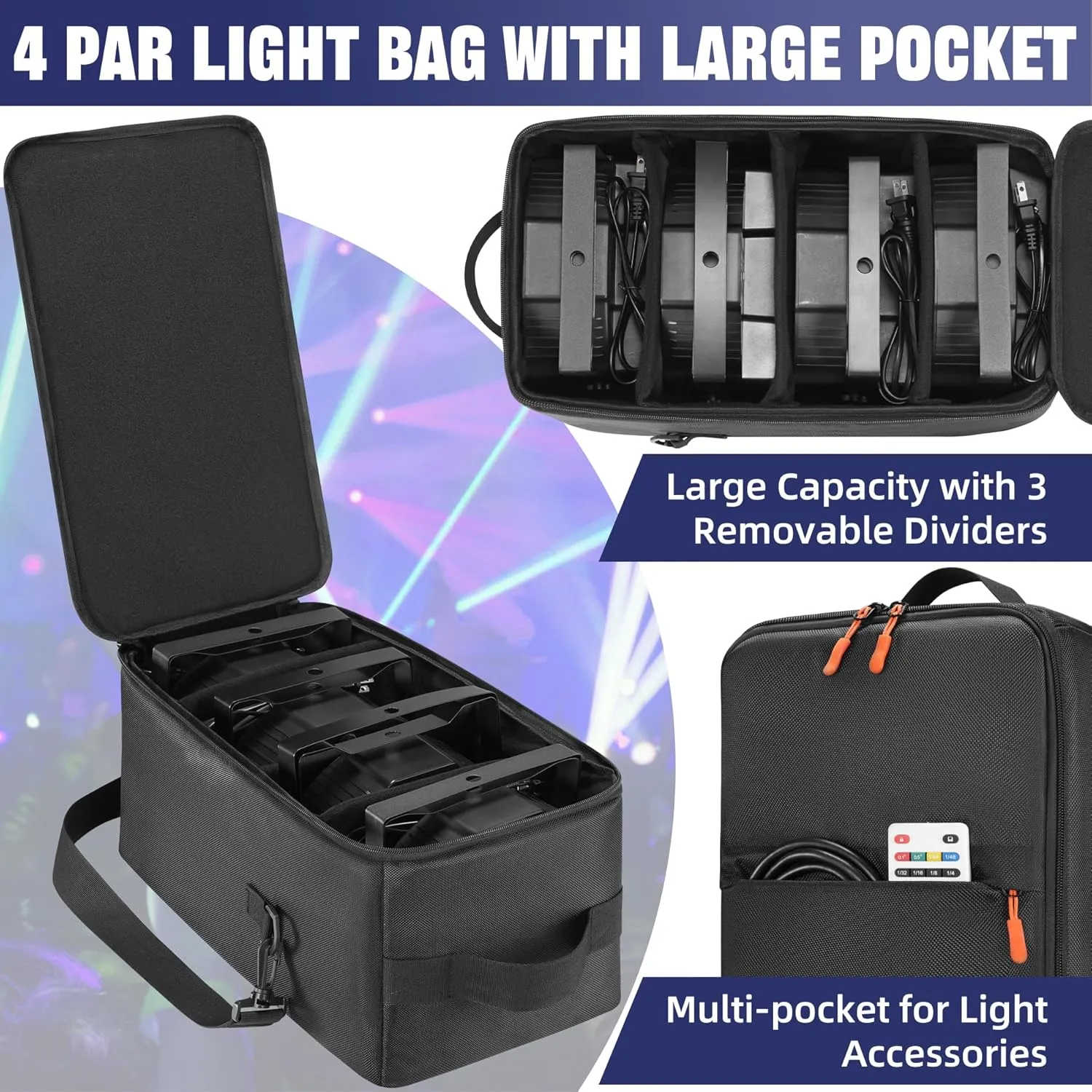Par Light Bag Soft Padded for 4 Par Lights, Stage Lighting Case with Removable Dividers & Shoudler-strap & Handle, Lights Bag with Large Pocket for Par Light, Spotlight, Led Light, DJ Light