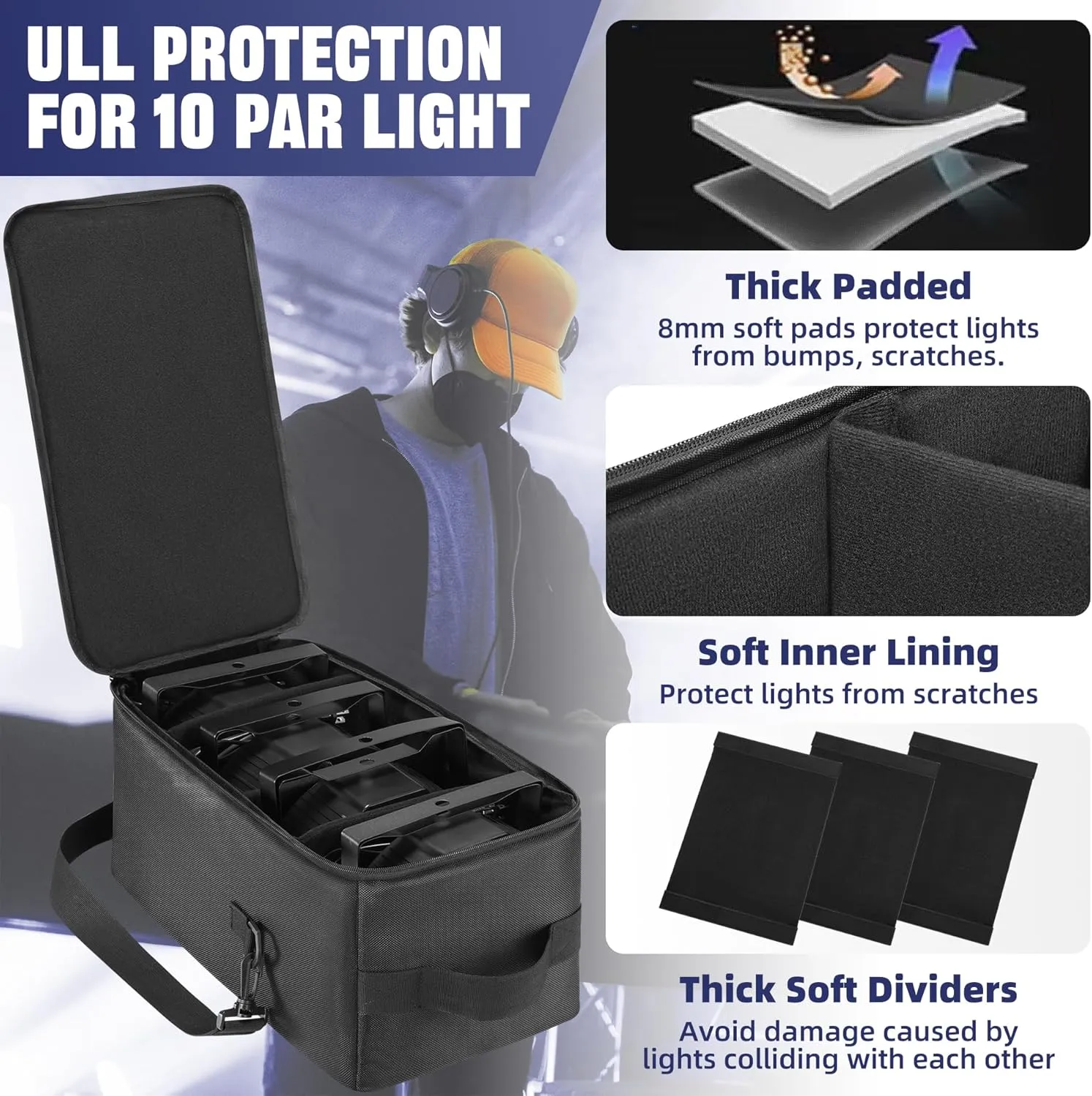 Par Light Bag Soft Padded for 4 Par Lights, Stage Lighting Case with Removable Dividers & Shoudler-strap & Handle, Lights Bag with Large Pocket for Par Light, Spotlight, Led Light, DJ Light