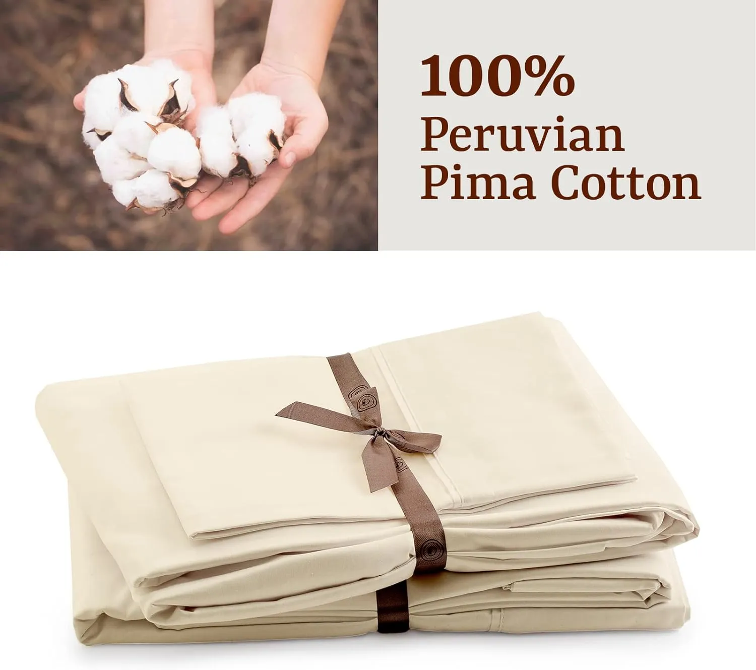 Peru Pima, King Size Bed Sheets Set, 4 Piece Bedding, 285 Thread Count, Breathable & Cooling Sheets, Percale, 100% Peruvian Pima Cotton, Ivory Solid Color