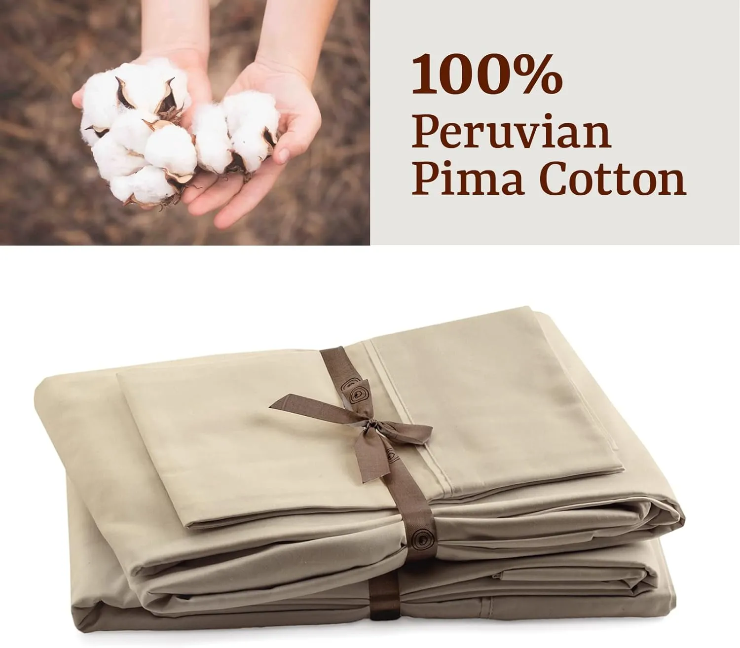 Peru Pima, King Size Bed Sheets Set, 4 Piece Bedding, 285 Thread Count, Breathable & Cooling Sheets, Percale, 100% Peruvian Pima Cotton, Latte Solid Color