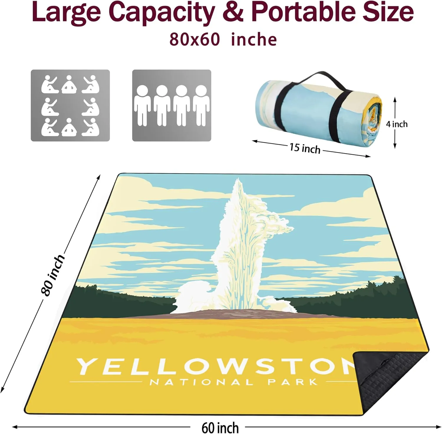 Picnic Blankets Beach Blanket 80" X 60" Extra Large Waterproof Camping Blankets Portable Outdoor Mat 3-Layer Blanket for Beach, Hiking, Park, Music Festival, Grass Lawn,Travel