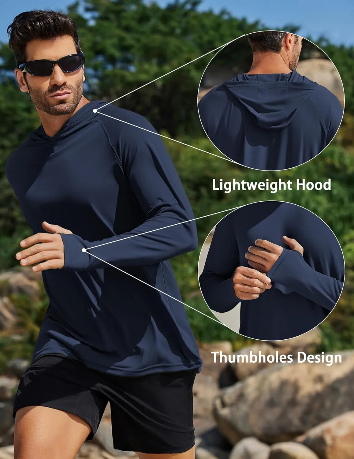 PINSPARK Men's UPF 50  Long Sleeve Rash Guard - Sun Protection Hoodie UV SPF Fishing Shirt for Athletic Running Swim Hiking
