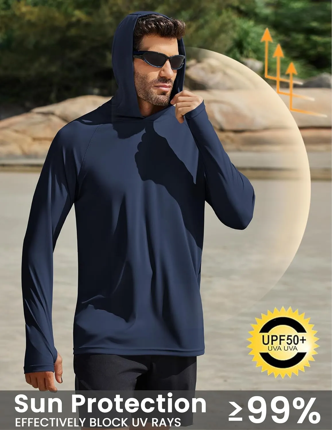 PINSPARK Men's UPF 50  Long Sleeve Rash Guard - Sun Protection Hoodie UV SPF Fishing Shirt for Athletic Running Swim Hiking