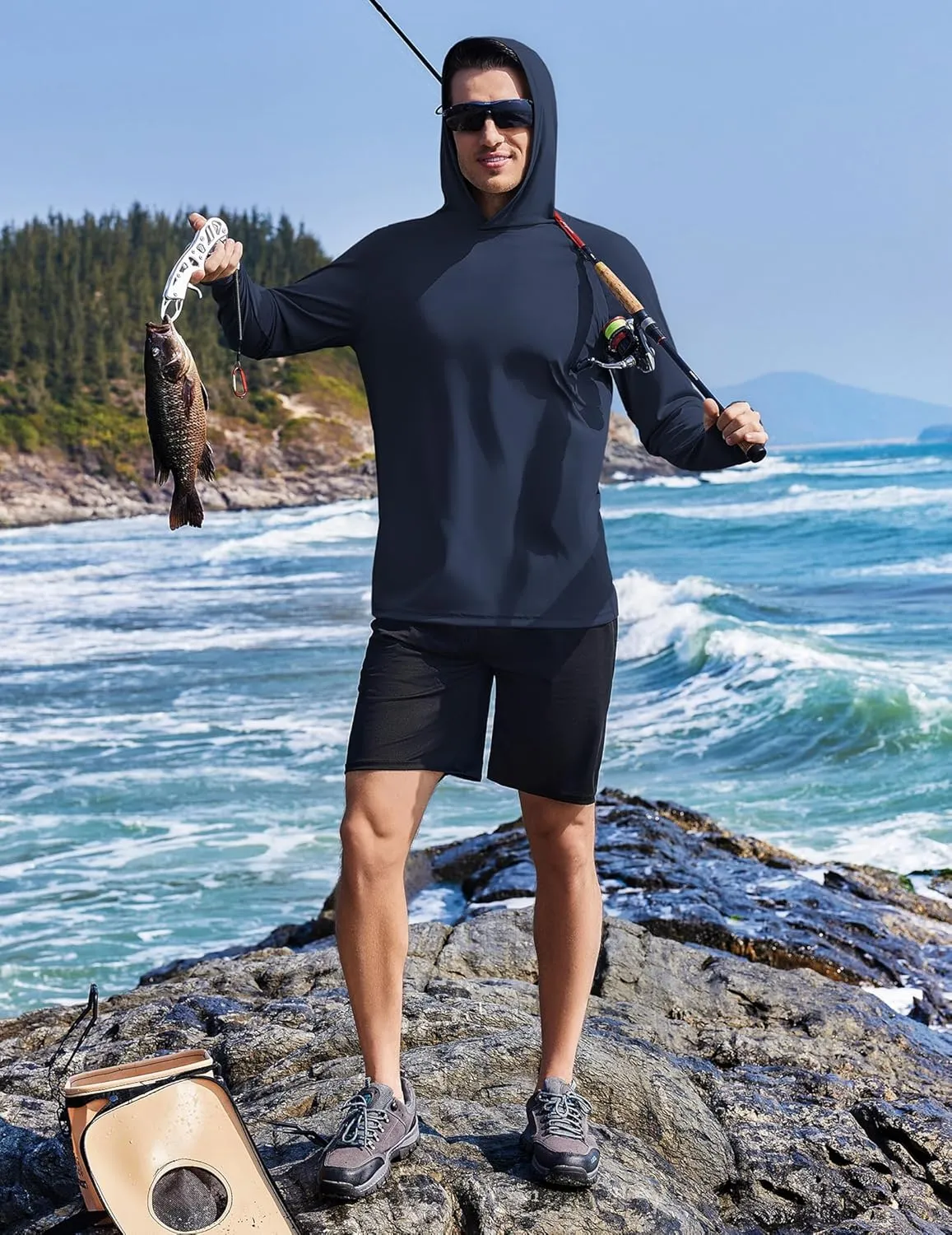 PINSPARK Men's UPF 50  Long Sleeve Rash Guard - Sun Protection Hoodie UV SPF Fishing Shirt for Athletic Running Swim Hiking