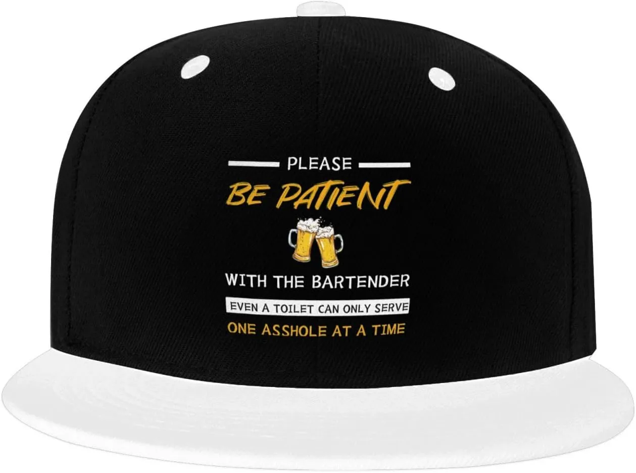 Please Be Patient with The Bartender Color-Block Flat Brim Snapback Cap for Men & Women, Adjustable Hip-Hop Hat White