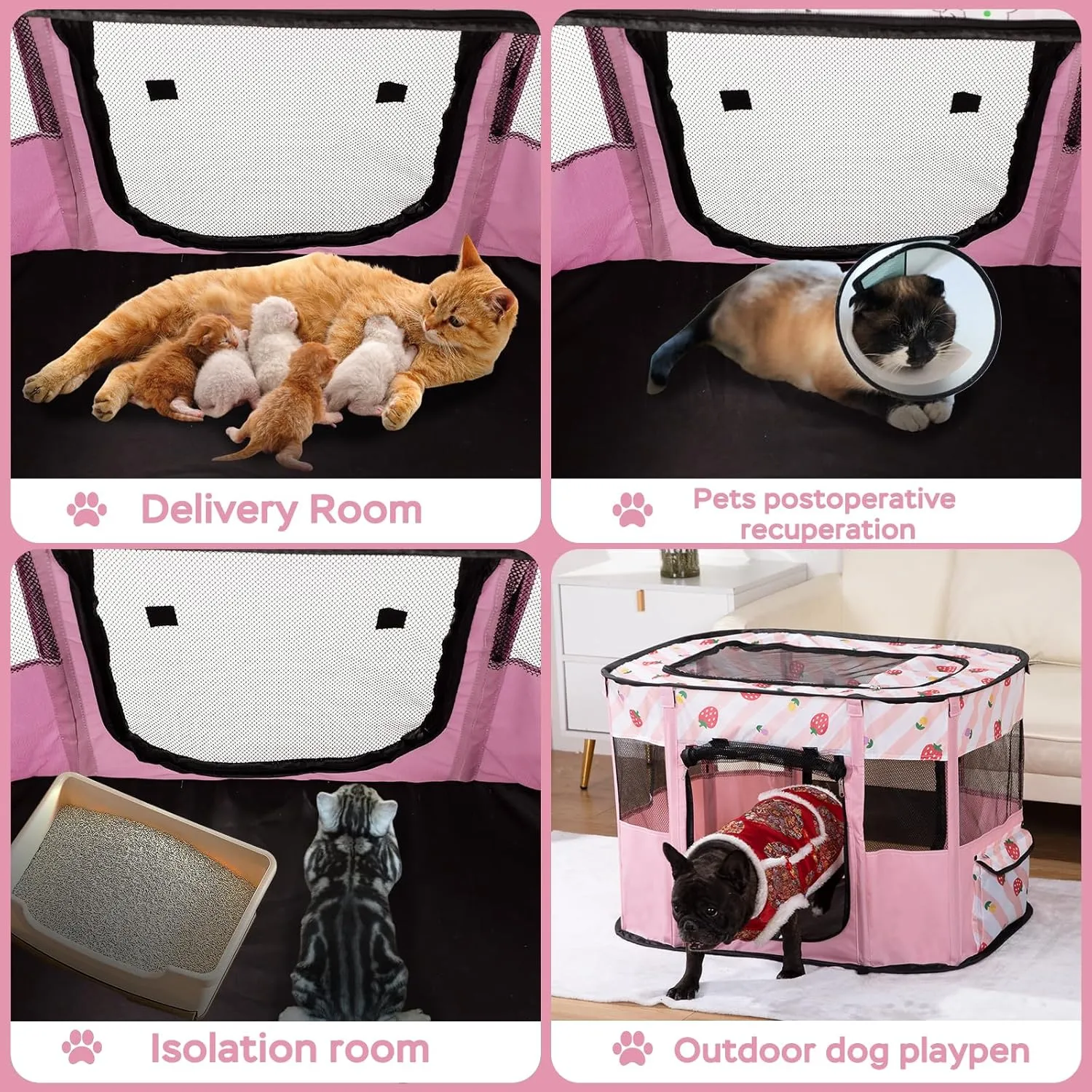 Portable Foldable Pet Playpen Collapsible Crates Kennel Playpen for Dog cat and Rabbit &Travel playpen Outdoor or Indoor (M, Pink)