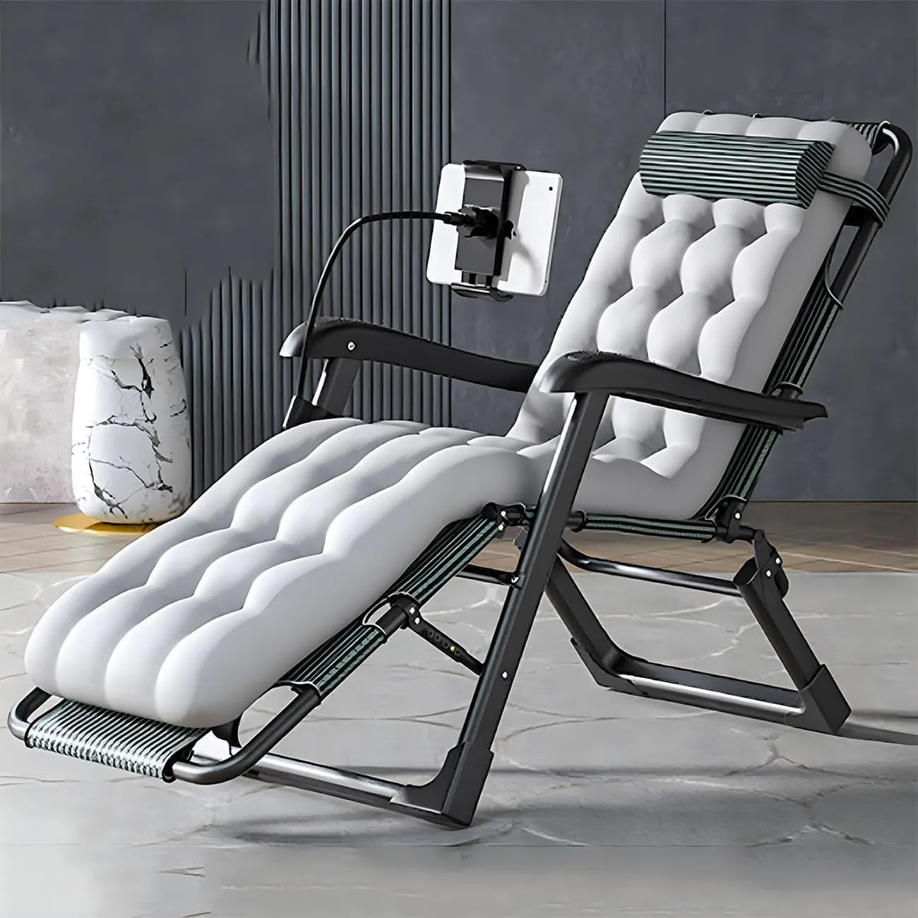 Portable Zero Gravity Chairs,Folding Garden Chairs with Mobile Phone Holder,Deck Chairs for Adults,Comfortable Massage Armrest,Reclining Camping Chairs,5 Gear Adjustable Grey,178X28cm