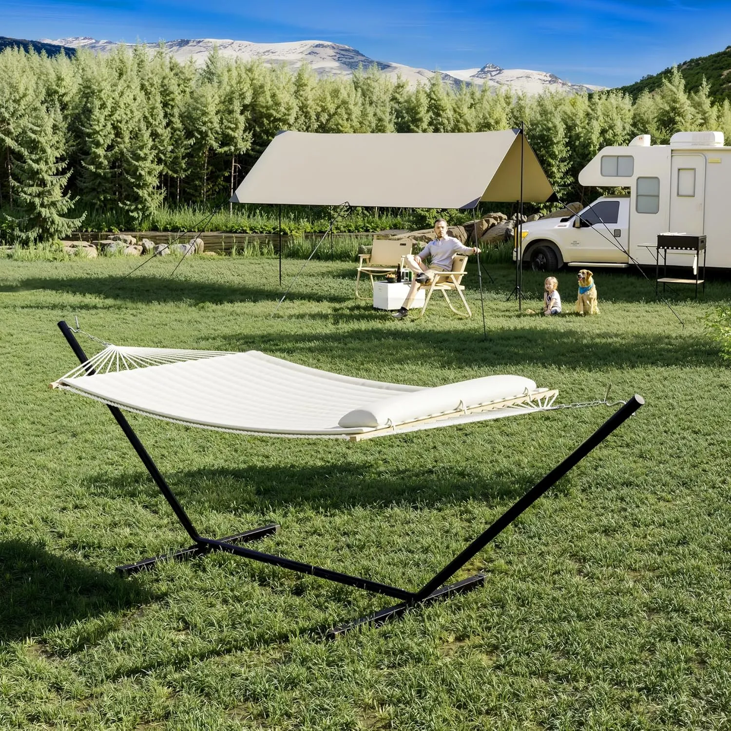 Premium 2-Person Hammock Set with Quick-Lock Steel Stand – Commercial-Grade Outdoor Lounger for Patio, Camping & Backyard 500lb Capacity,White (Flat)