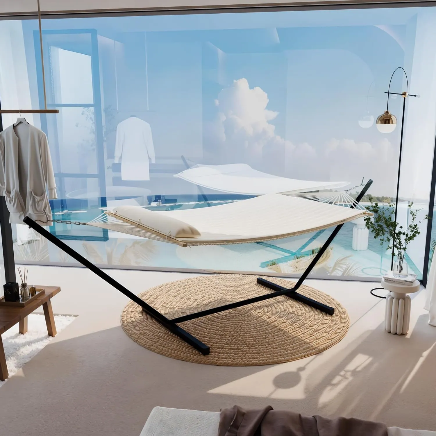Premium 2-Person Hammock Set with Quick-Lock Steel Stand – Commercial-Grade Outdoor Lounger for Patio, Camping & Backyard 500lb Capacity,White (Flat)