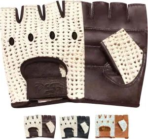 PSS Real Cow Hide Leather Finger Less Off White Mesh Net Bus, Driving, Cycling, Training, Wheelchair and Gardening Gloves Model 416 Available Size S, M, L, XL (416 Brown, XXL)