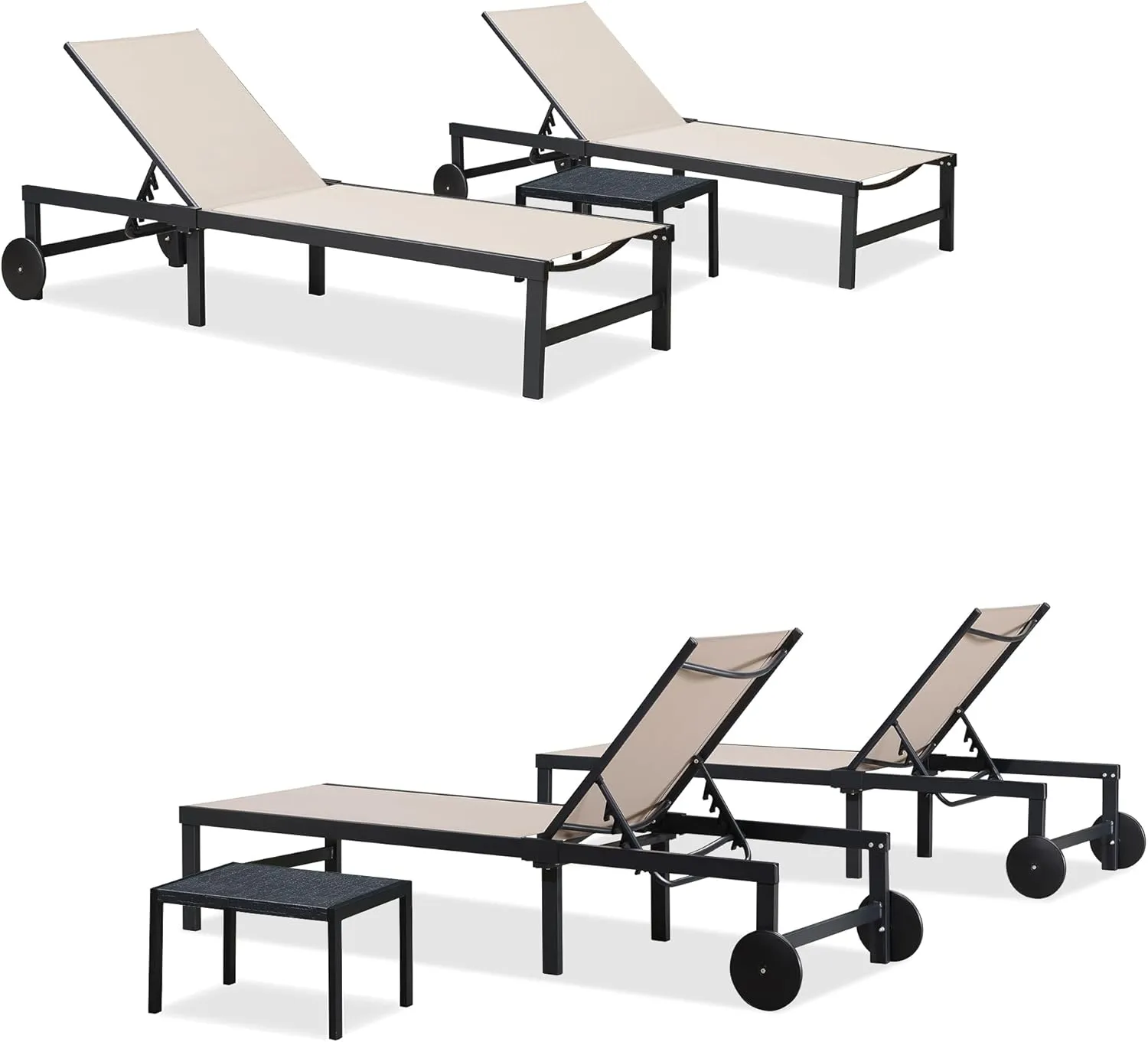PURPLE LEAF Outdoor Chaise Lounge Chairs Set Recliner Adjustable Chair with Wheels and Table for Poolside Beach Patio Aluminum Reclining Sunbathing Lounger, Beige