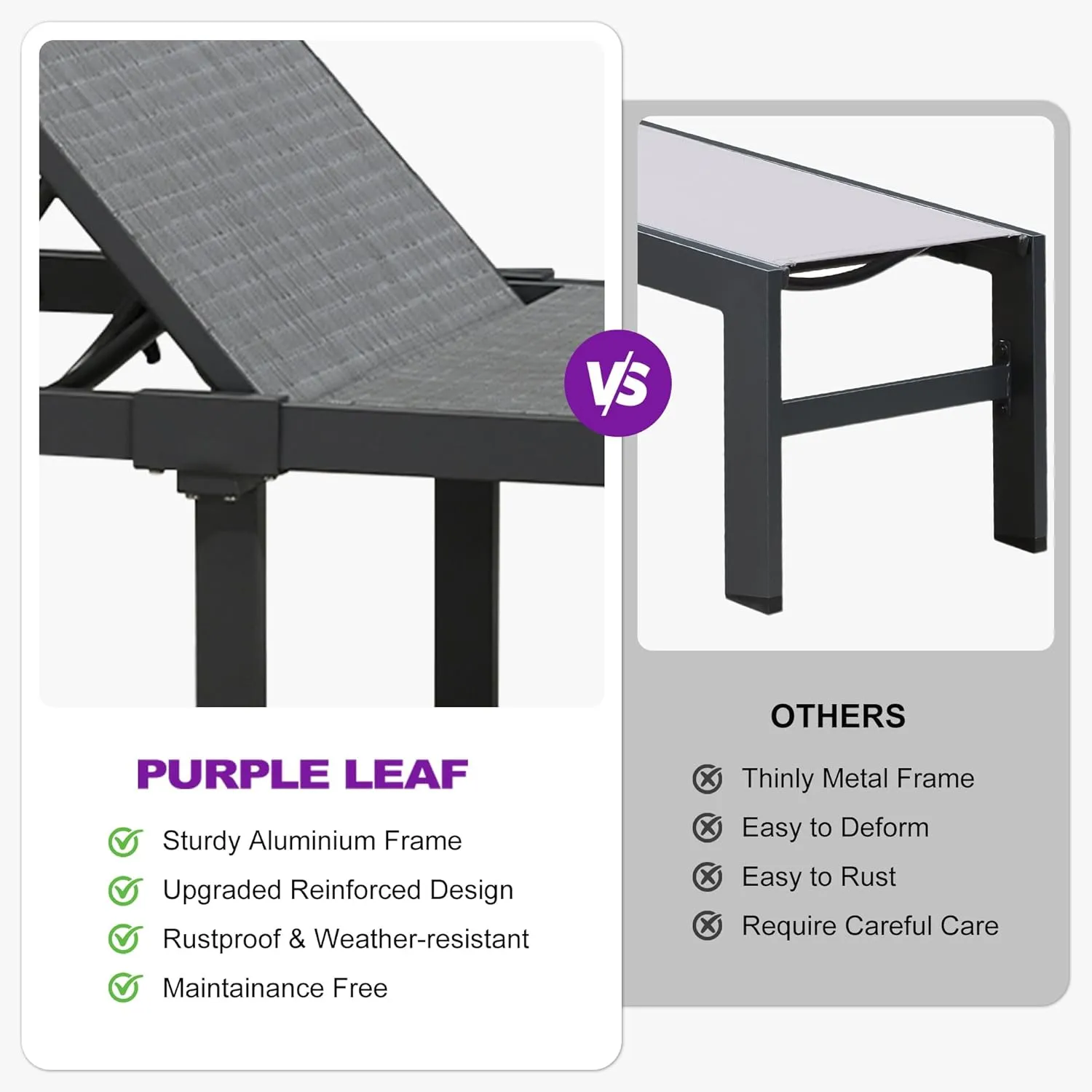 PURPLE LEAF Outdoor Chaise Lounge Chairs Set Recliner Adjustable Chair with Wheels and Table for Poolside Beach Patio Aluminum Reclining Sunbathing Lounger, Mixed Grey