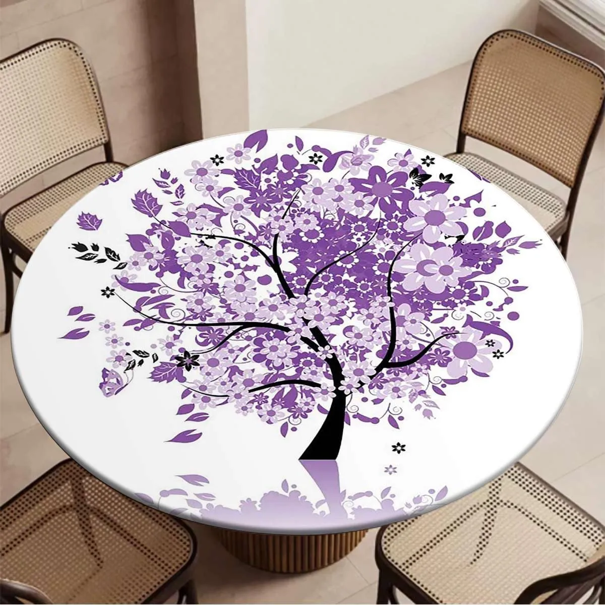 Purple Lilac Round Table Cloth with Elastic Edged Nature Spring Tree Tablecloth Great for Indoor and Outdoor Dining and Playing Cards Fit for 36"-39" Diameter Table Love Themed Tree