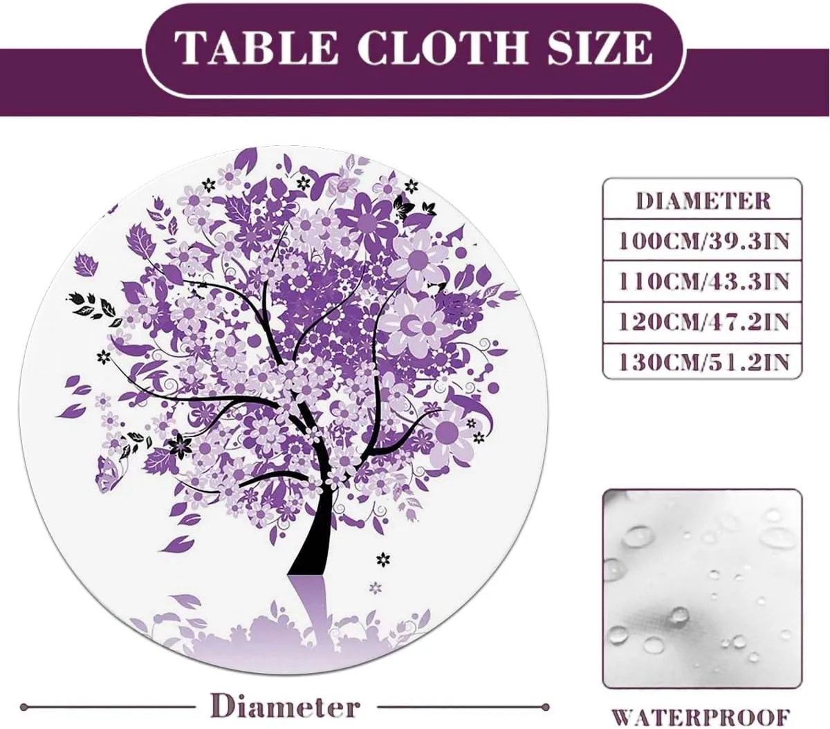 Purple Lilac Round Table Cloth with Elastic Edged Nature Spring Tree Tablecloth Great for Indoor and Outdoor Dining and Playing Cards Fit for 36"-39" Diameter Table Love Themed Tree