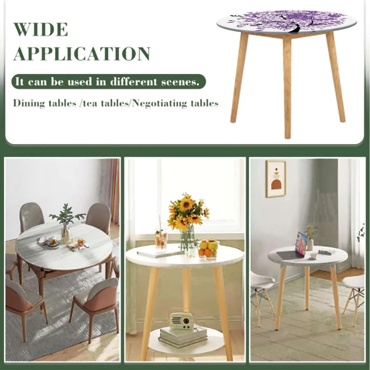 Purple Lilac Round Table Cloth with Elastic Edged Nature Spring Tree Tablecloth Great for Indoor and Outdoor Dining and Playing Cards Fit for 36"-39" Diameter Table Love Themed Tree
