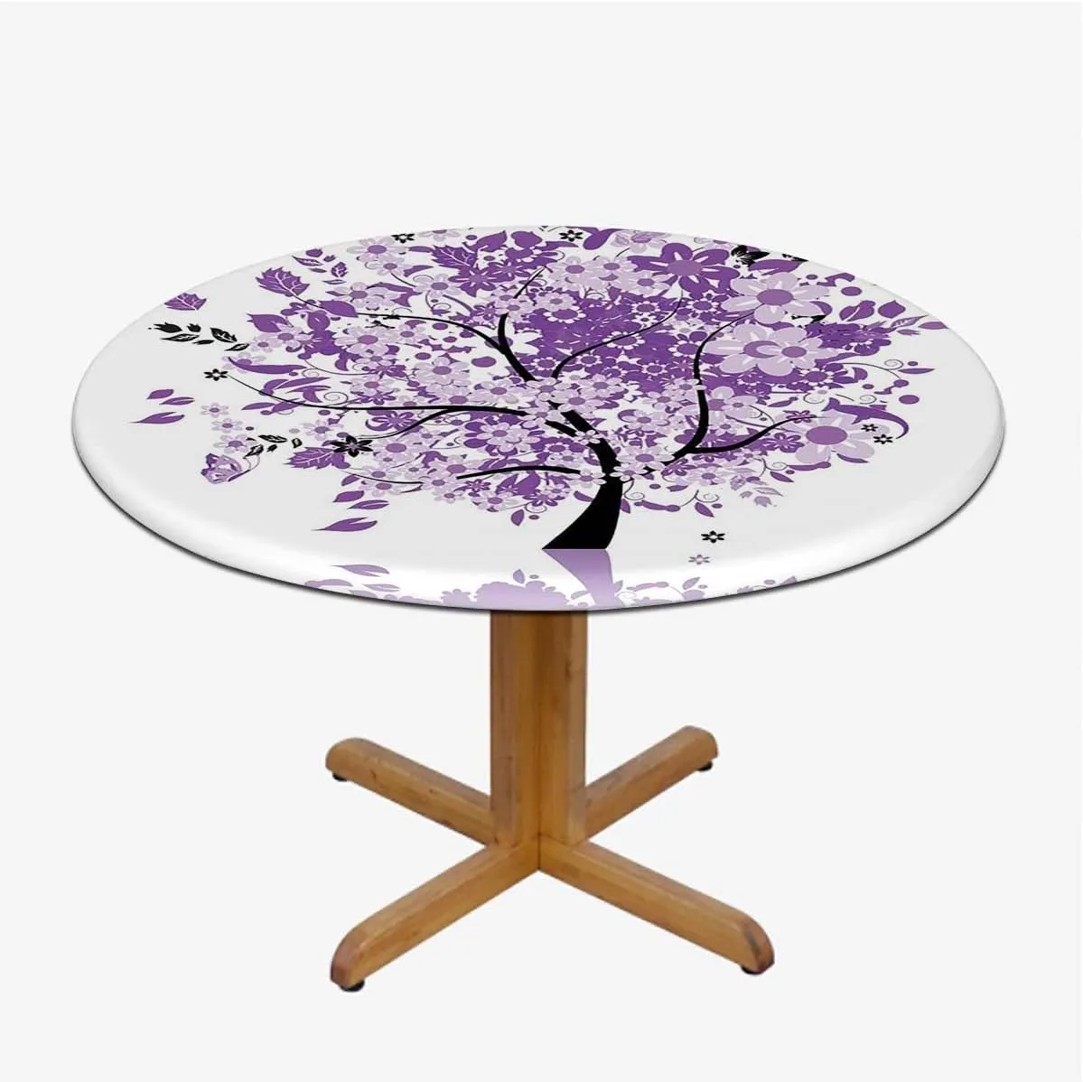 Purple Lilac Round Table Cloth with Elastic Edged Nature Spring Tree Tablecloth Great for Indoor and Outdoor Dining and Playing Cards Fit for 36"-39" Diameter Table Love Themed Tree