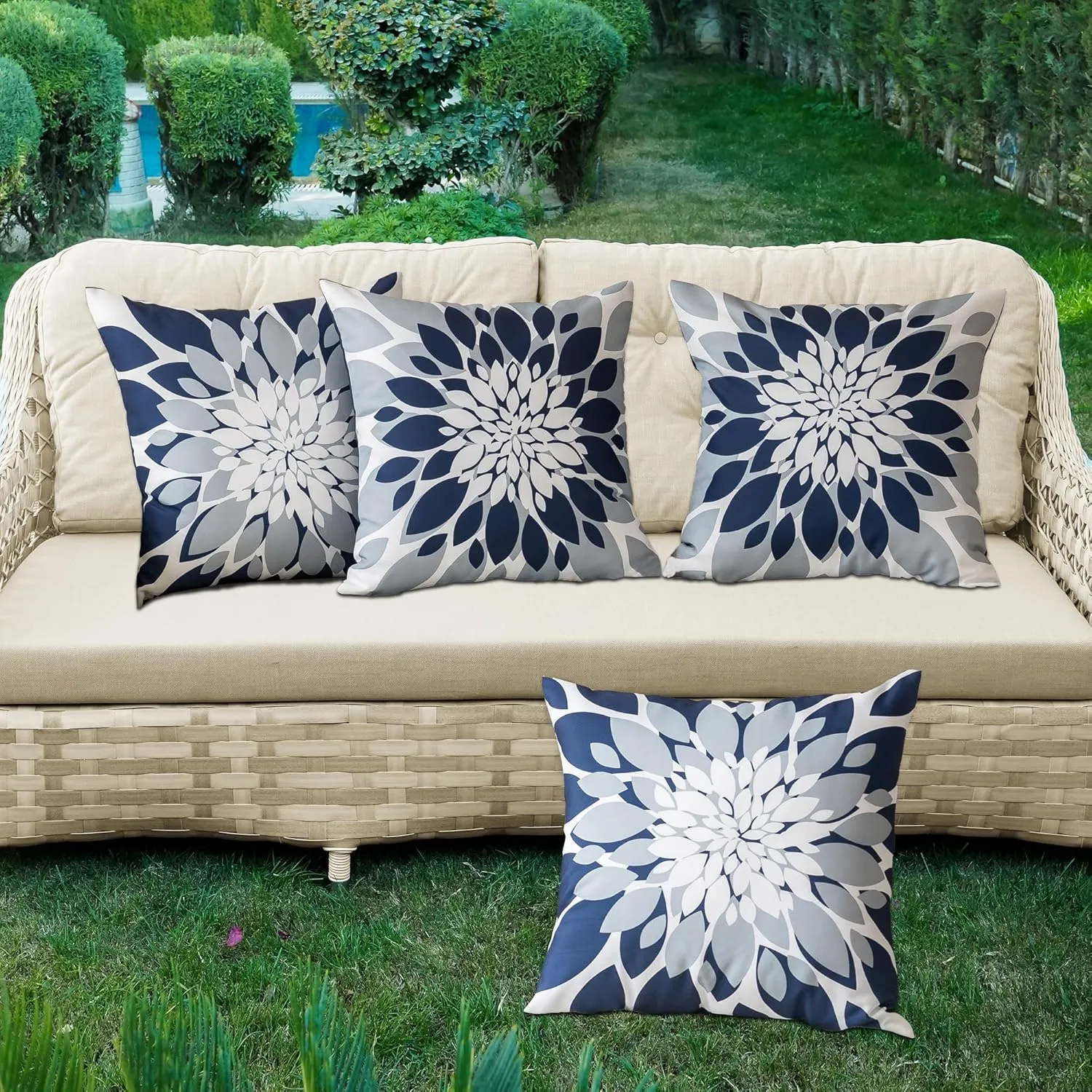 Qahing Pack of 4 Outdoor Waterproof Pillow Covers 16x16 Decorative Outdoor Throw Pillows Garden Square Cushion Cases for Patio Furniture, Couch, Tent Sunbrella, Bench, Navy Blue Grey