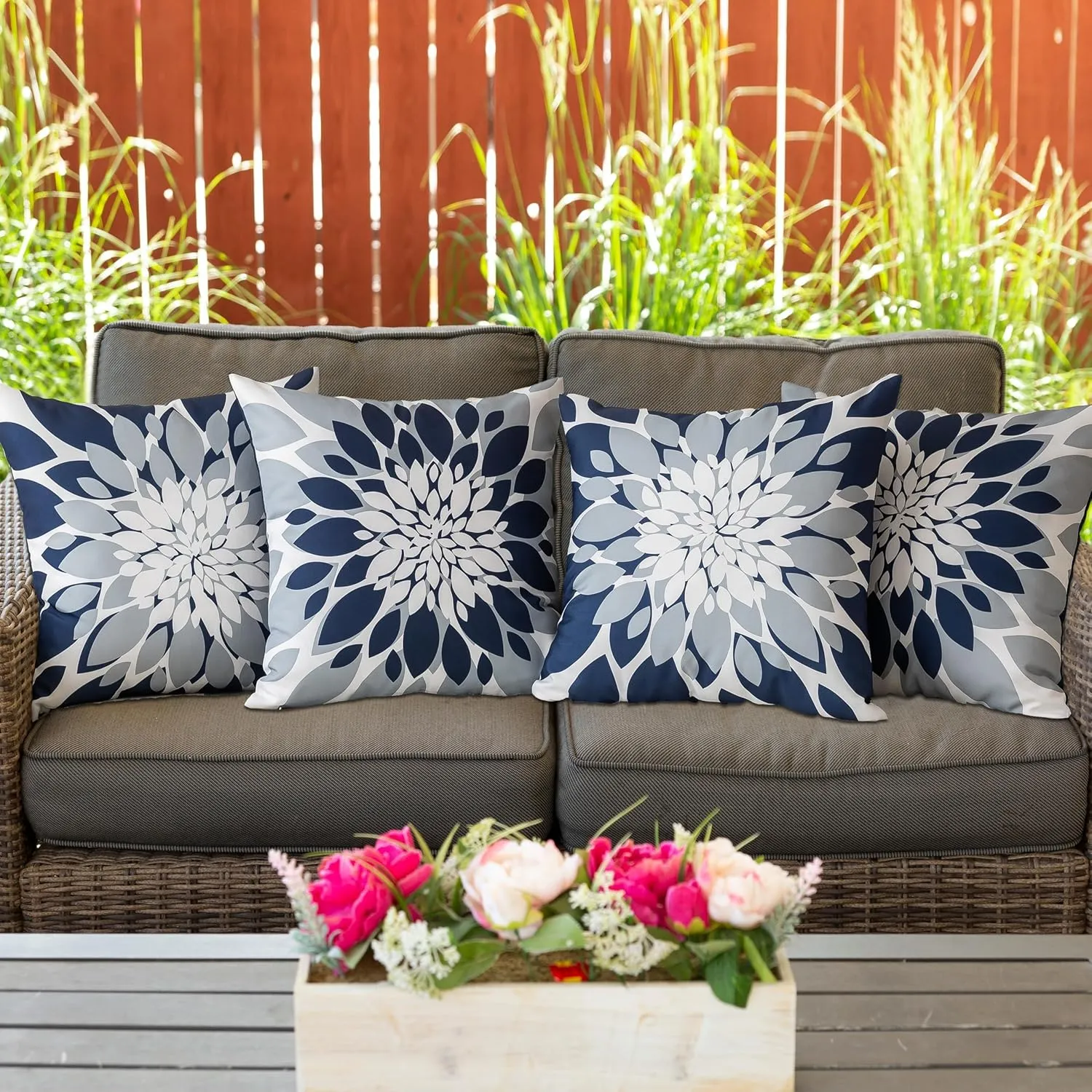 Qahing Pack of 4 Outdoor Waterproof Pillow Covers 16x16 Decorative Outdoor Throw Pillows Garden Square Cushion Cases for Patio Furniture, Couch, Tent Sunbrella, Bench, Navy Blue Grey