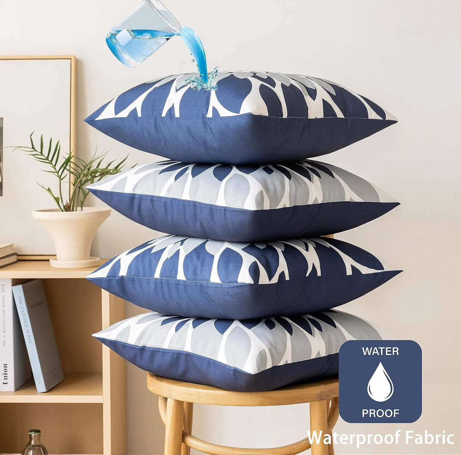 Qahing Pack of 4 Outdoor Waterproof Pillow Covers 16x16 Decorative Outdoor Throw Pillows Garden Square Cushion Cases for Patio Furniture, Couch, Tent Sunbrella, Bench, Navy Blue Grey