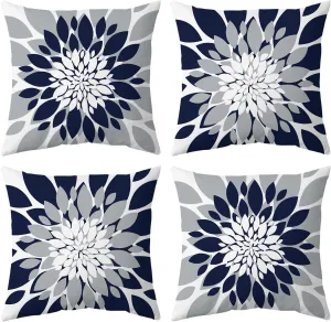 Qahing Pack of 4 Outdoor Waterproof Pillow Covers 16x16 Decorative Outdoor Throw Pillows Garden Square Cushion Cases for Patio Furniture, Couch, Tent Sunbrella, Bench, Navy Blue Grey