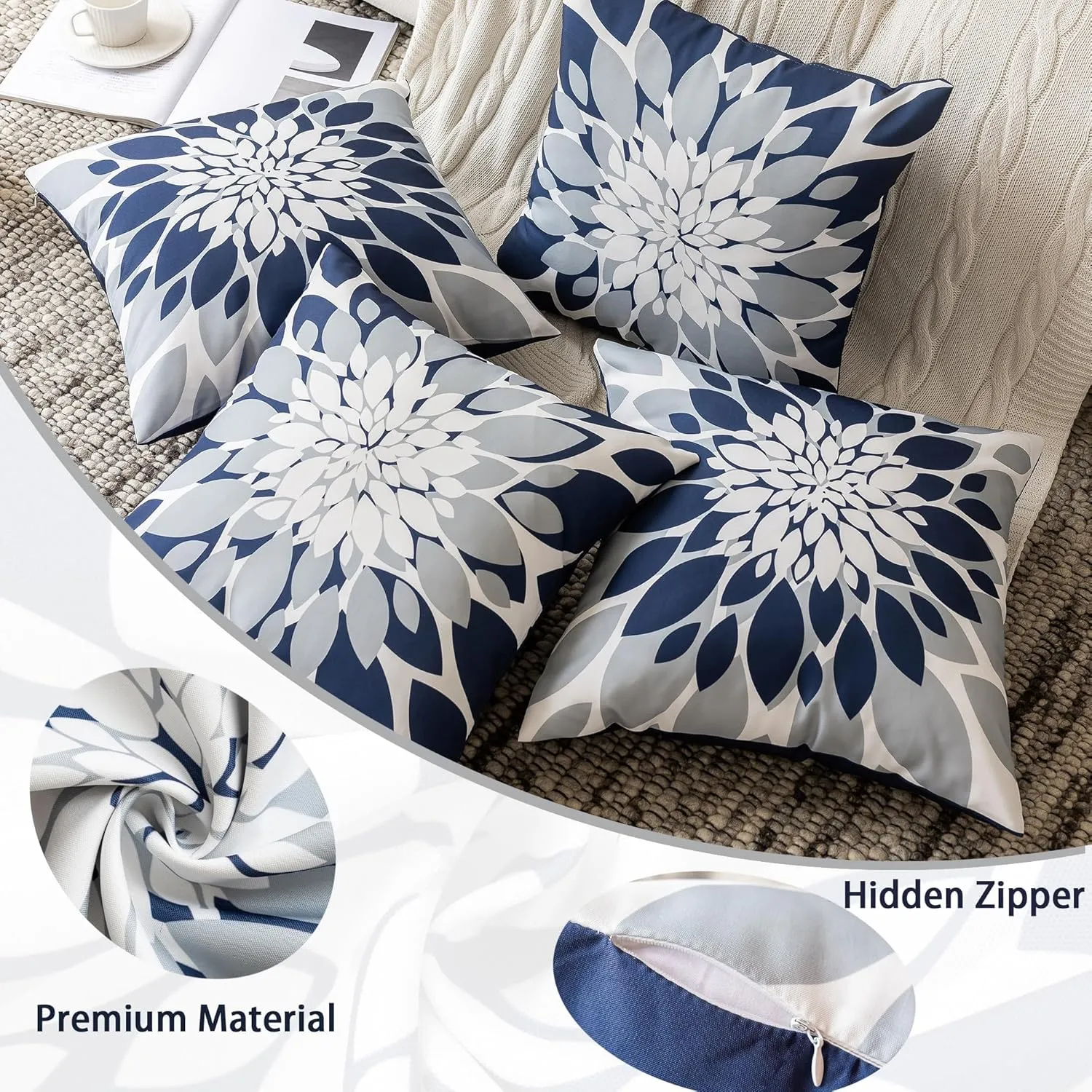 Qahing Pack of 4 Outdoor Waterproof Pillow Covers 16x16 Decorative Outdoor Throw Pillows Garden Square Cushion Cases for Patio Furniture, Couch, Tent Sunbrella, Bench, Navy Blue Grey