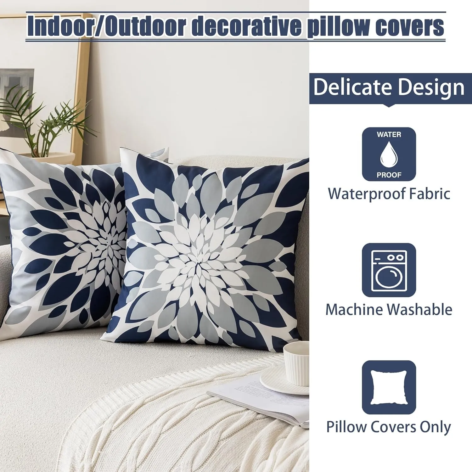 Qahing Pack of 4 Outdoor Waterproof Pillow Covers 16x16 Decorative Outdoor Throw Pillows Garden Square Cushion Cases for Patio Furniture, Couch, Tent Sunbrella, Bench, Navy Blue Grey