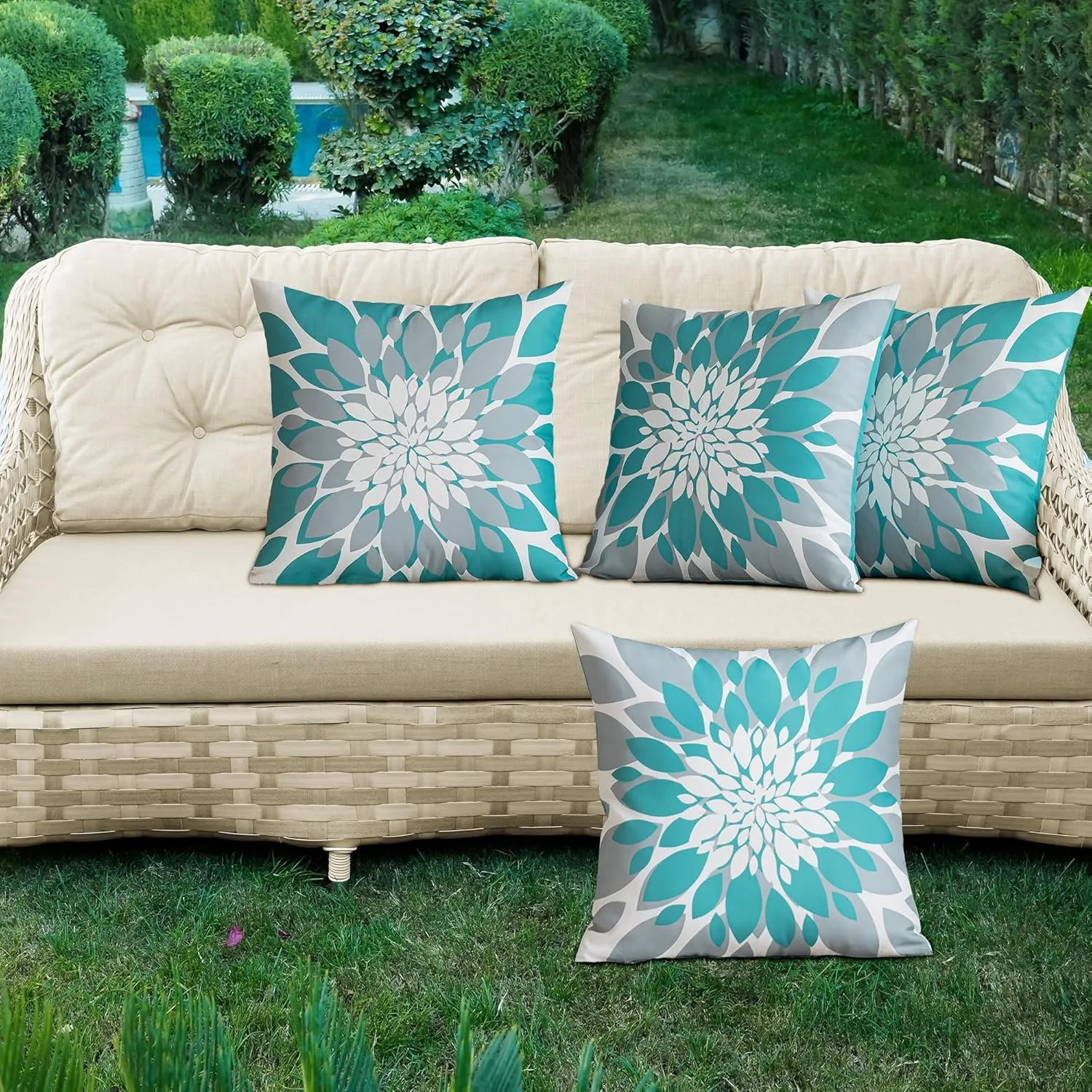 Qahing Pack of 4 Outdoor Waterproof Pillow Covers 24x24 Decorative Outdoor Throw Pillows Garden Square Cushion Cases for Patio Furniture, Couch, Tent Sunbrella, Bench, Teal Turquoise Grey